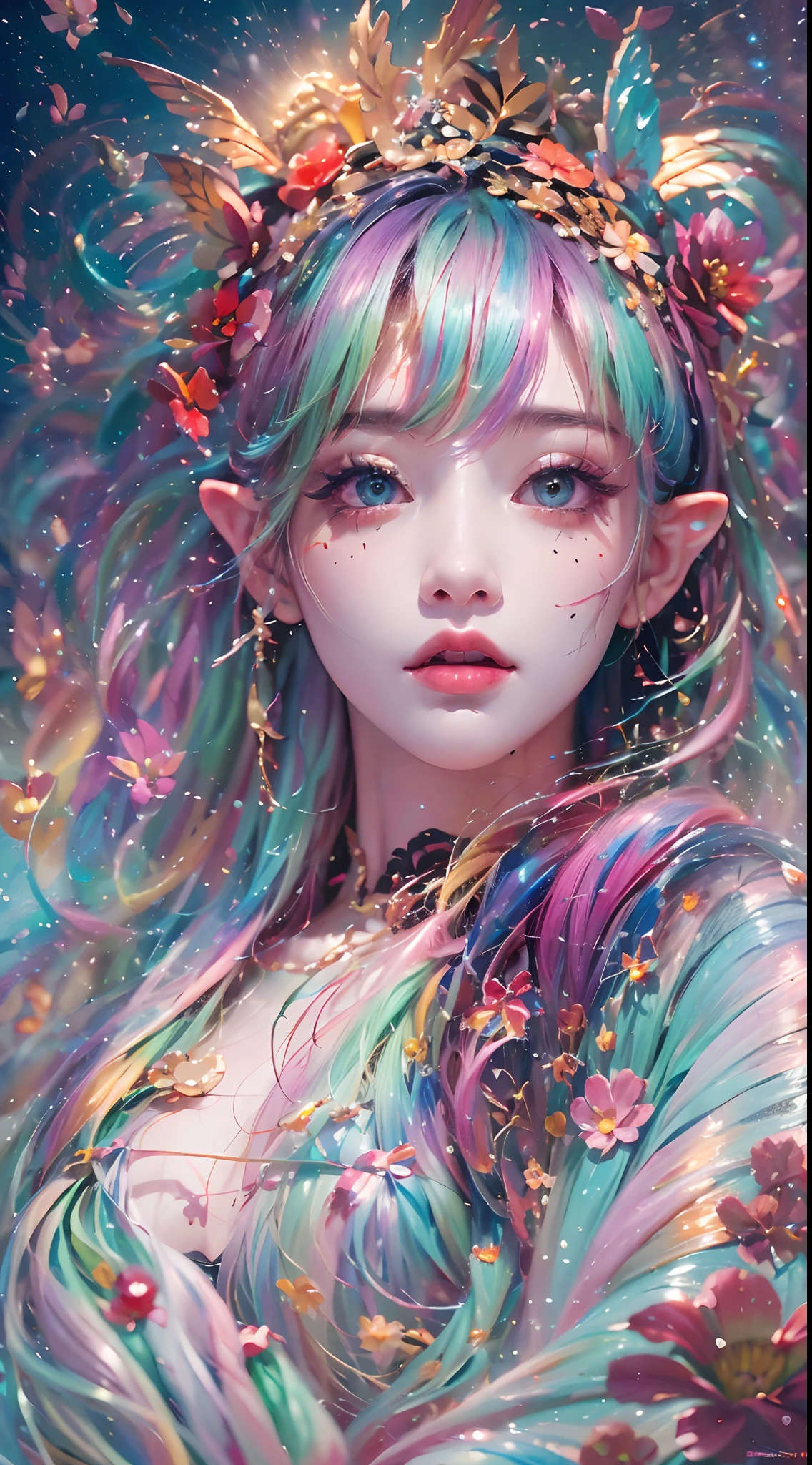 ( Absurd, High quality, Ultra-detailed, Masterpiece, concept-art, smooth, high detail artwork, Hyper-realistic painting , high resolution, paint splatter, colored splashing, Splash of Ink, colored splashing), ((Sweet Chinese girl, Rainbow hair)),elf, Plum elf, plum , Transparent fairy wings, huge tit,low chest,fairytale-like, Romantic, Vivid, Whole body,hand behind back,Malu,largeeyes,(Eye focus),Cosmic eyes,Space eyes,In nature with waterfalls,pureerosface_v1,ulzzang-6500-v1.1,