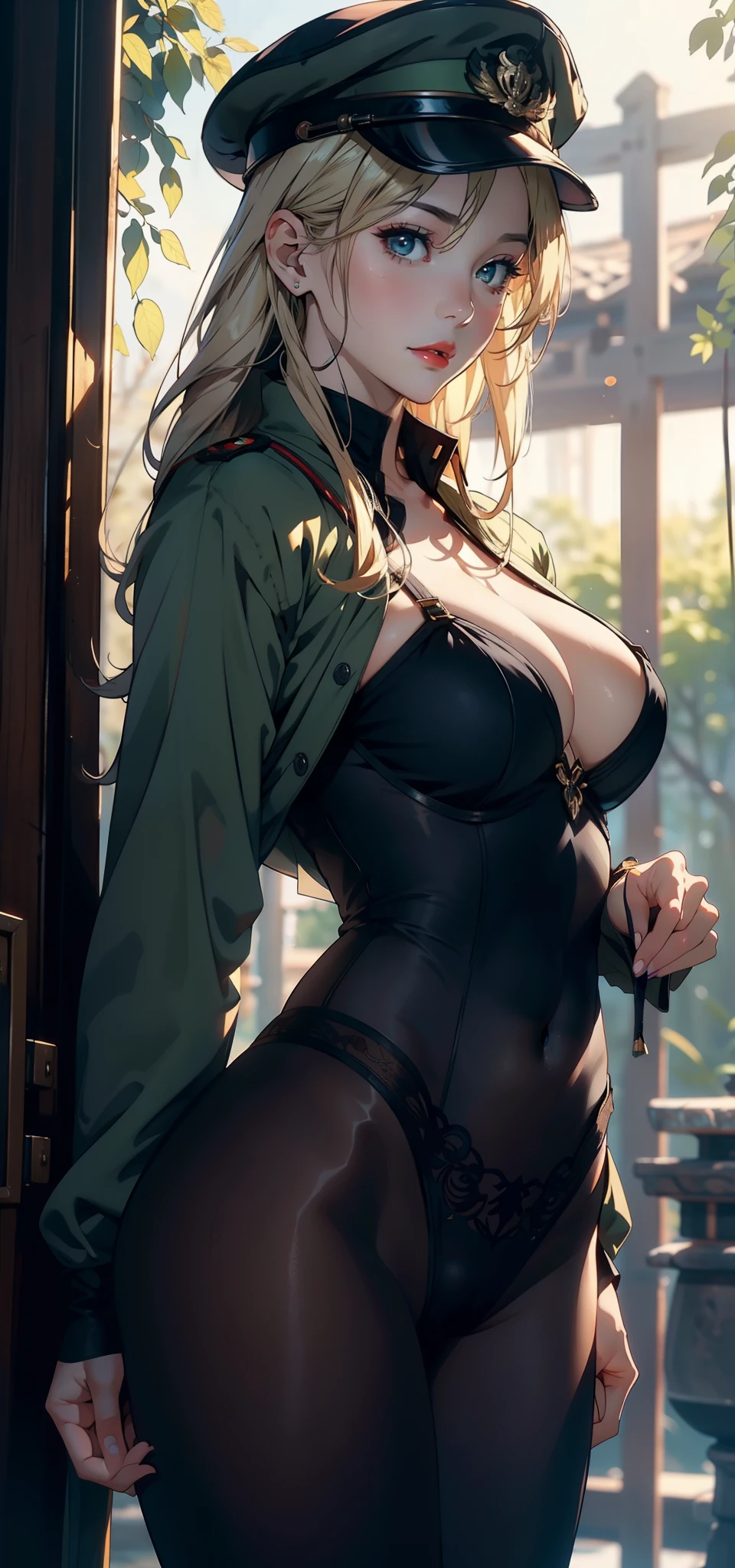 1female，41 years old，熟妇，A MILF ，Married Woman， mature，plumw，extremely large bosom ，Pornographic exposure， 独奏，（Background with：，Birch forest）Snow-white skin， She has short blonde hair，seen from the front， hair straight，（（（tmasterpiece），（Very detailed CG unity 8K wallpaper），best qualtiy，cinmatic lighting，detailed back ground，beatiful detailed eyes，Bright pupils，Redlip（Very fine and beautiful），（Beautiful and detailed eye description），ultra - detailed，tmasterpiece，）），facing at camera，A high resolution，ultra - detailed），revealing breasts，Bare genitalia，  Bulge，legs are open，Raised sexy，Camel toes，Flushed complexion，American GI，frontage，military hat（Wearing：Dark green blazer，Black tights）