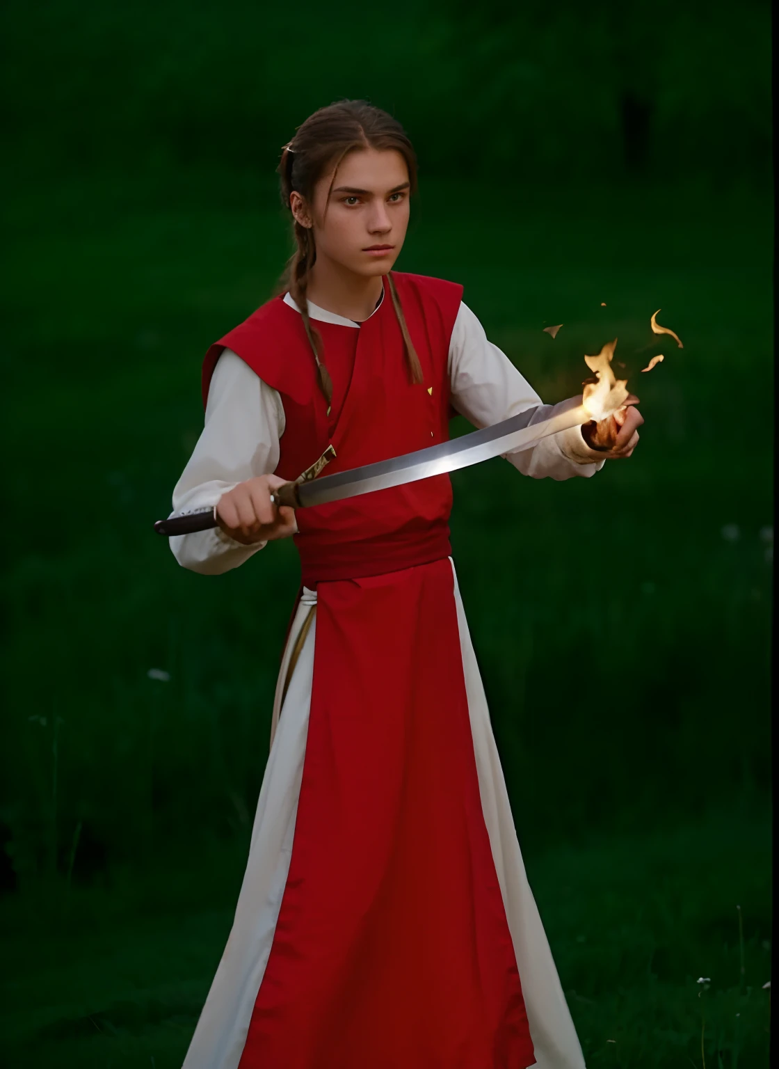 a guy, medieval clothes, green eyes, long light brown hair low ponytail, red and white, holding a sword on fire, meadow in the night