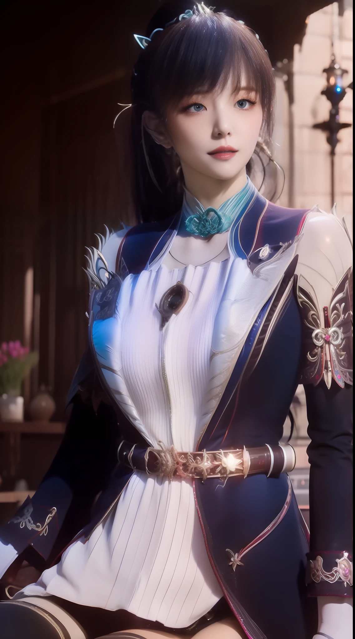 1girl, long hair, dress,hair ornament, looking at viewer, mature female, good morning, thighhighs, clothing cutout, bangs, high collar,white skirt,ponytail, cowboy shot, long sleeves, belt,blue eyes,makeup, blush,best qualtiy,8K,tmasterpiece:1.3(Flower Cap:1.3),focal:1.2,Perfect beauty:1.4,glute:1.2,(Layered Hair Style:1.2)),(Dark streets:1.3),独奏,Highly Detailed Face and Skin Textur,full bodyesbian,Elaborate Eyes,二重まぶた,Whitens the skin,long whitr hair,(with a round face:1.5),(Loose Crop Top,shorter pants:1.6
