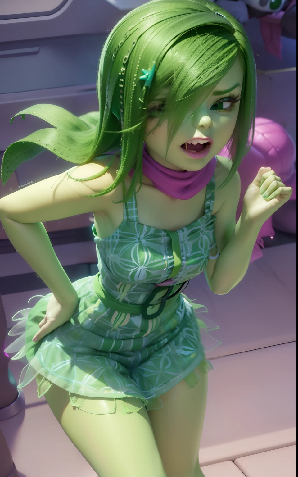 masterpiece, best quality, 1girl, (Disgust_InsideOut, green hair, green skin, pink scarf, dark green dress, eyelashes, (disgust, )),   pixar, cartoon, 3d render, sfw,  sitting, spread legs, pussy, pissing, yellow piss puddle, pissing on puddle