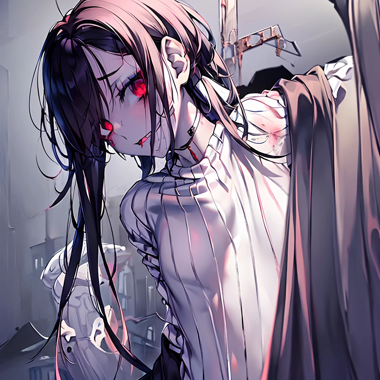 zombie girl ((zombie)), thin body ((petite)), black hair, red eyes, short fur ((chanel hair)), translucent skin ((pale white), abandoned house ((Setting)), wearing a white sweater, ((Manga art)), (Horror art)), dark light ((night)), noir art.