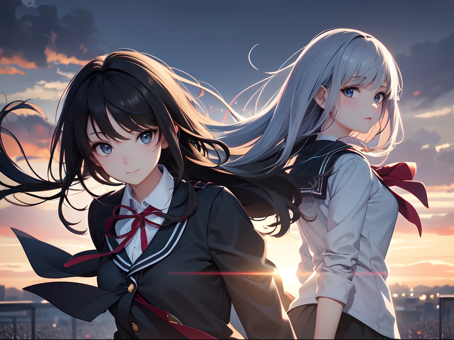 a , female, beautiful and cute, solo character, (black single sidelock hair), bright eyes, gradient eyes, school unifrom, breeze blow,(anime style), (cinematic lighting), (ray tracing), ((reflection light)), ((half-body-shot)), atmospheric perspective, masterpiece, accurate, ((best quality)), high quality, super detail, high details, anatomically correct, highRes, 1080p,