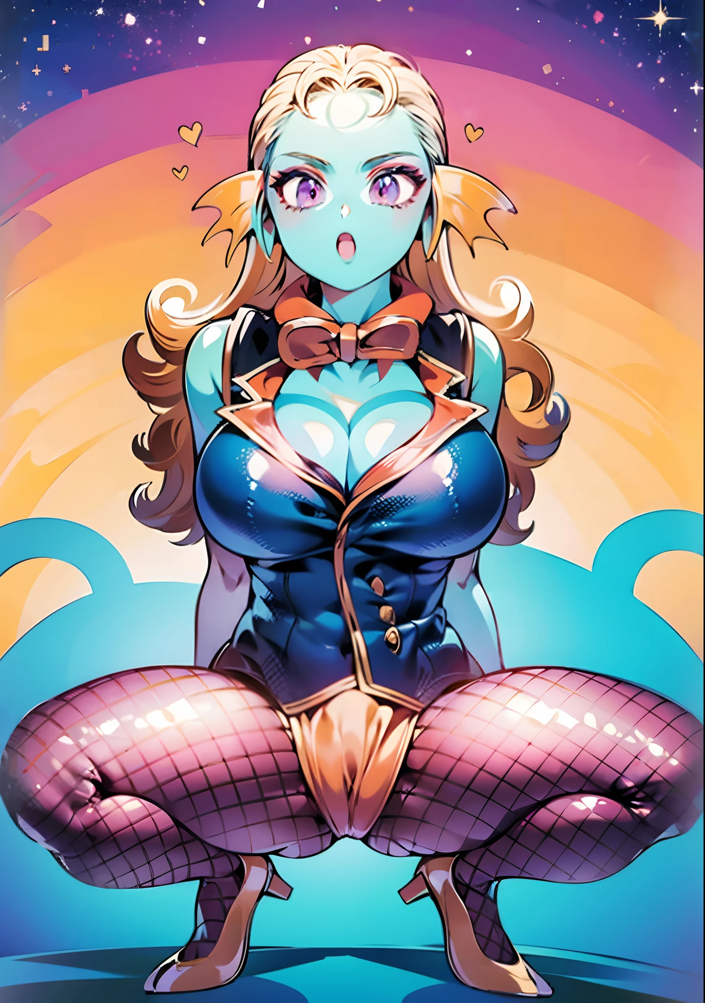 8K,High quality,Anime,married,Beautiful woman,Bright,Eye Highlights,Purple eyes,Sexy,ultra gigantic tits,oversized tits,Dark blue ,Erotic,beautiful line art. Blue skin, Blue and orange gradient fins, Dark Eye Makeup, The background is the seaside、Fishnet stockings for legs、red high-heeled shoes、spreading legs、Emphasis on the crotch、The clothes inside are red、Red pants at the crotch、