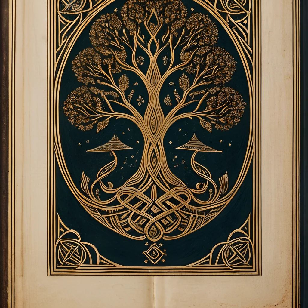 old book cover, written about Norse mythology, depicts Yggdrasil, Nero, monochromes, intricate illustrations, aged paper, golden embossed letters, worn edges, weathered texture, mysterious atmosphere, ancient legends, mythical creatures, swirling patterns, faded ink, antique beauty, intricate line work, mystical symbolism, rich storytelling, mythical realms, ethereal aura, captivating imagery, delicate details, time-worn charm, hidden secrets, mesmerizing composition, mythical tree of life, Nordic gods and goddesses, magical elements, enigmatic cover art, divine inspiration, whispered tales, centuries-old wisdom, engravings in gold, celestial realms, forgotten lore, captivating storytelling, ancient manuscripts, transcendent artistry