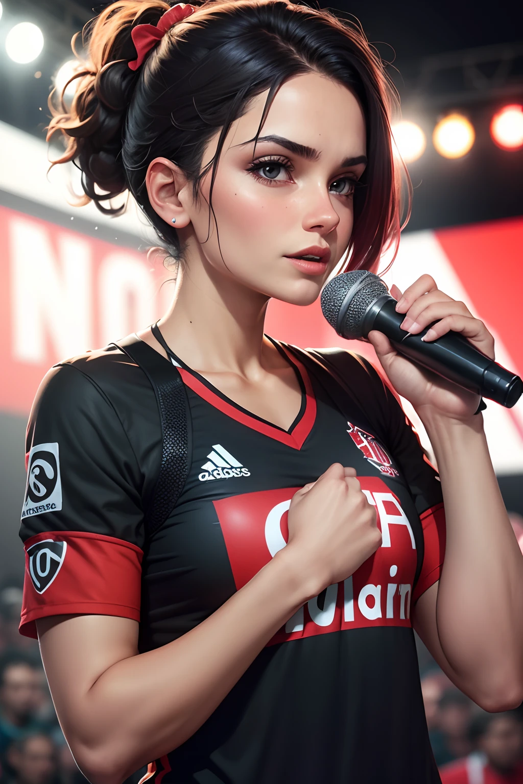 woman with short hair and big breasts, embarrassed, ashamed, wearing a men&#39;s soccer jersey in a bar