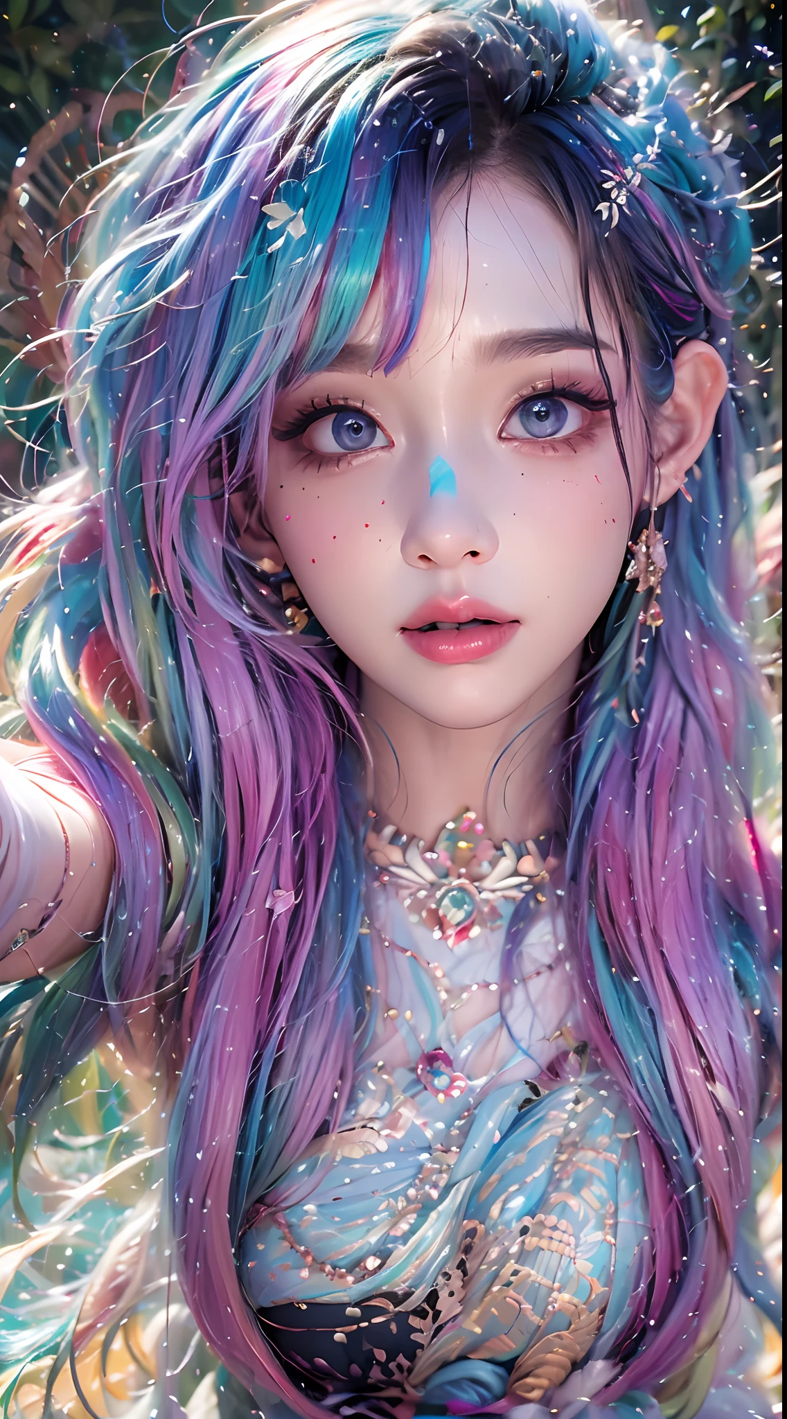 ( Absurd, High quality, Ultra-detailed, Masterpiece, concept-art, smooth, high detail artwork, Hyper-realistic painting , high resolution, paint splatter, colored splashing, Splash of Ink, colored splashing), ((Rainbow hair)),elf, Plum elf, plum , Transparent fairy wings, wearing only his underwear，huge tit，low chest，fairytale-like, Romantic, Vivid, Whole body,hand behind back，Malu，largeeyes，（Eye focus），Cosmic eyes，Space eyes，In nature with waterfalls，pureerosface_v1，ulzzang-6500-v1.1，