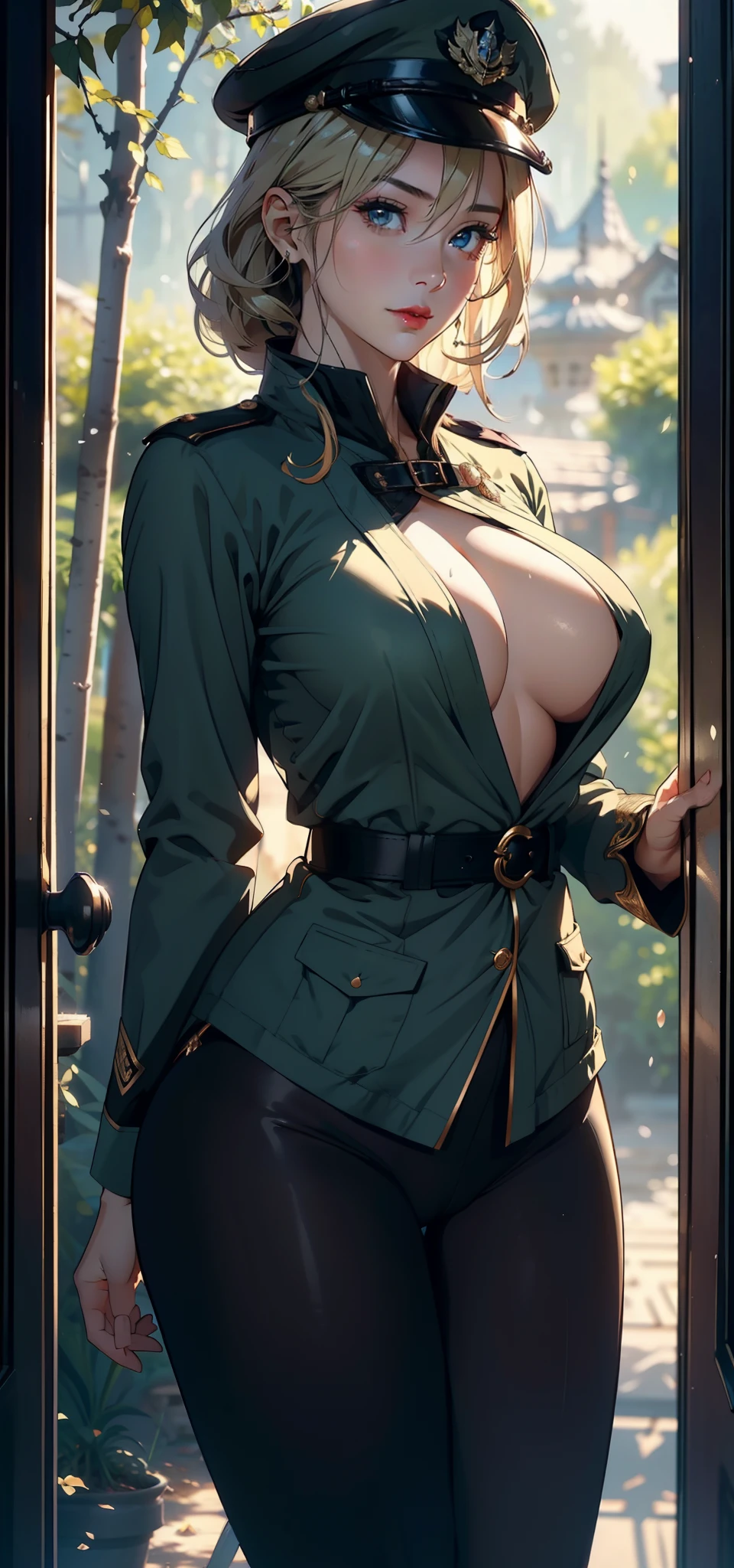 1female，41 years old，熟妇，A MILF ，Married Woman， mature，plumw，extremely large bosom ，Pornographic exposure， 独奏，（Background with：，Birch forest）Snow-white skin， She has short blonde hair，seen from the front， hair straight，（（（tmasterpiece），（Very detailed CG unity 8K wallpaper），best qualtiy，cinmatic lighting，detailed back ground，beatiful detailed eyes，Bright pupils，Redlip（Very fine and beautiful），（Beautiful and detailed eye description），ultra - detailed，tmasterpiece，）），facing at camera，A high resolution，ultra - detailed），revealing breasts，Bare genitalia，  Bulge，legs are open，Raised sexy，Camel toes，Flushed complexion，American officers，frontage，military hat（Wearing：Dark green blazer，Black tights）