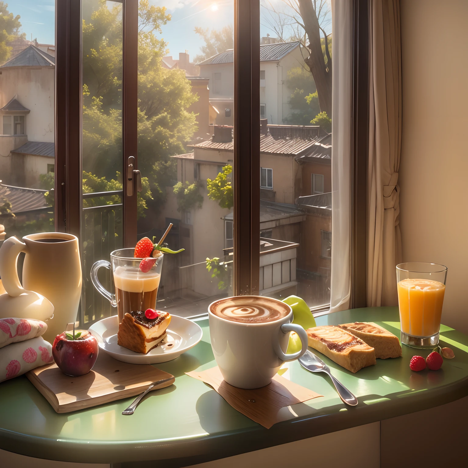 for breakfast, panini, latte, lewd juice, morango, Sunlight outside the window