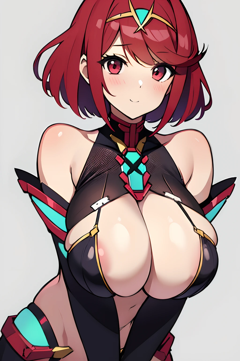 Homura(xenoblade2), 1girl, masterpiece、top-quality、NSFW, huge tit、short hair, Red hair、Shyness、real face、gentle、{Lewd}、{Lower grade}、