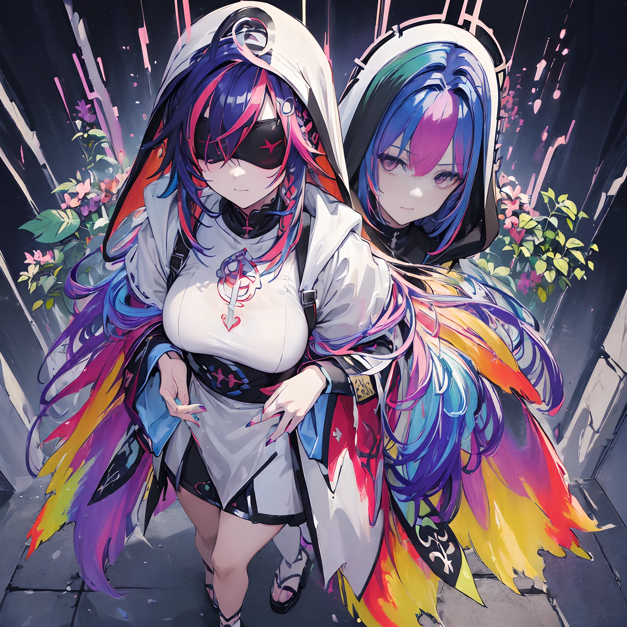 ((((colourful hair:1.9), ((fullllbody)),Nun in colorful clothes with floral pattern ,Evil sensual smile,Wearing a blindfold,a closed mouth,One lady,Wearing a hood,Smaller chest, Pose of looking up to the heavens and praying,Surrounded by plants around))),fullllbody,without background,ung Women, Hooded clothing,striated hair, eye reflections, high detal, Gothic art, barroco, motion-blur, Ray traching, reflective light, multiple views, Perspective, ultra wide-angle, ​masterpiece, Anatomically correct, Textured Leather, Super Detail, high details, hightquality, Better Quality