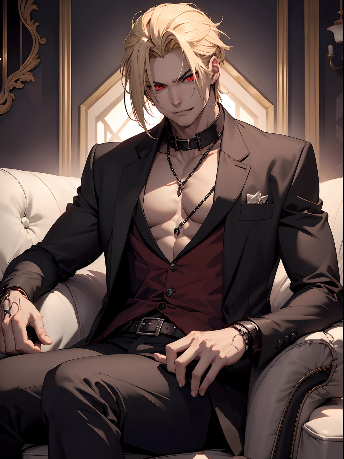 Male, (1boy), fix hands, vampire, Sitting on a couch, muscular, fangs, red eyes, gothic style, blonde hair, dilf, good anatomy