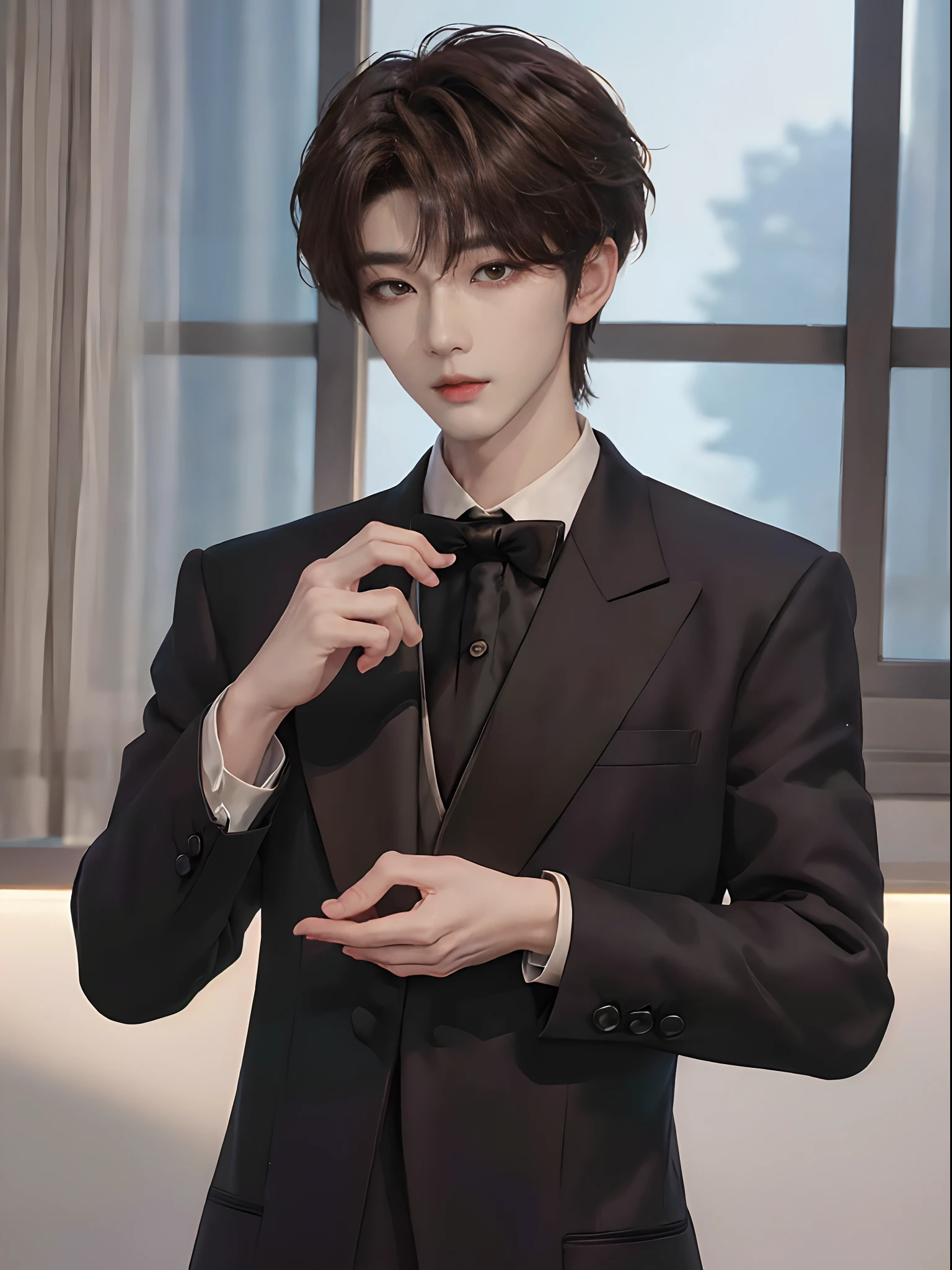 ((4K works))、​masterpiece、（top-quality)、((high-level image quality))、((One Manly Boy))、Slim body、((Man in black tuxedo))、(Detailed beautiful eyes)、window、deacon、Face similar to Chaewon in Ruseraphim、((short hair above the ears))、((Smaller face))、((Neutral face))、((Light brown eyes))、((Korean boy))、((18year old))、((Handsome man))、((A charming expression))、((Korean Makeup))、((elongated and sharp eyes))、((Focus zoom out))、((Butler Photos))、Professional Photos、((Magazine covers))、((Shot alone))、((Upper body photography))、((Dating a butler))