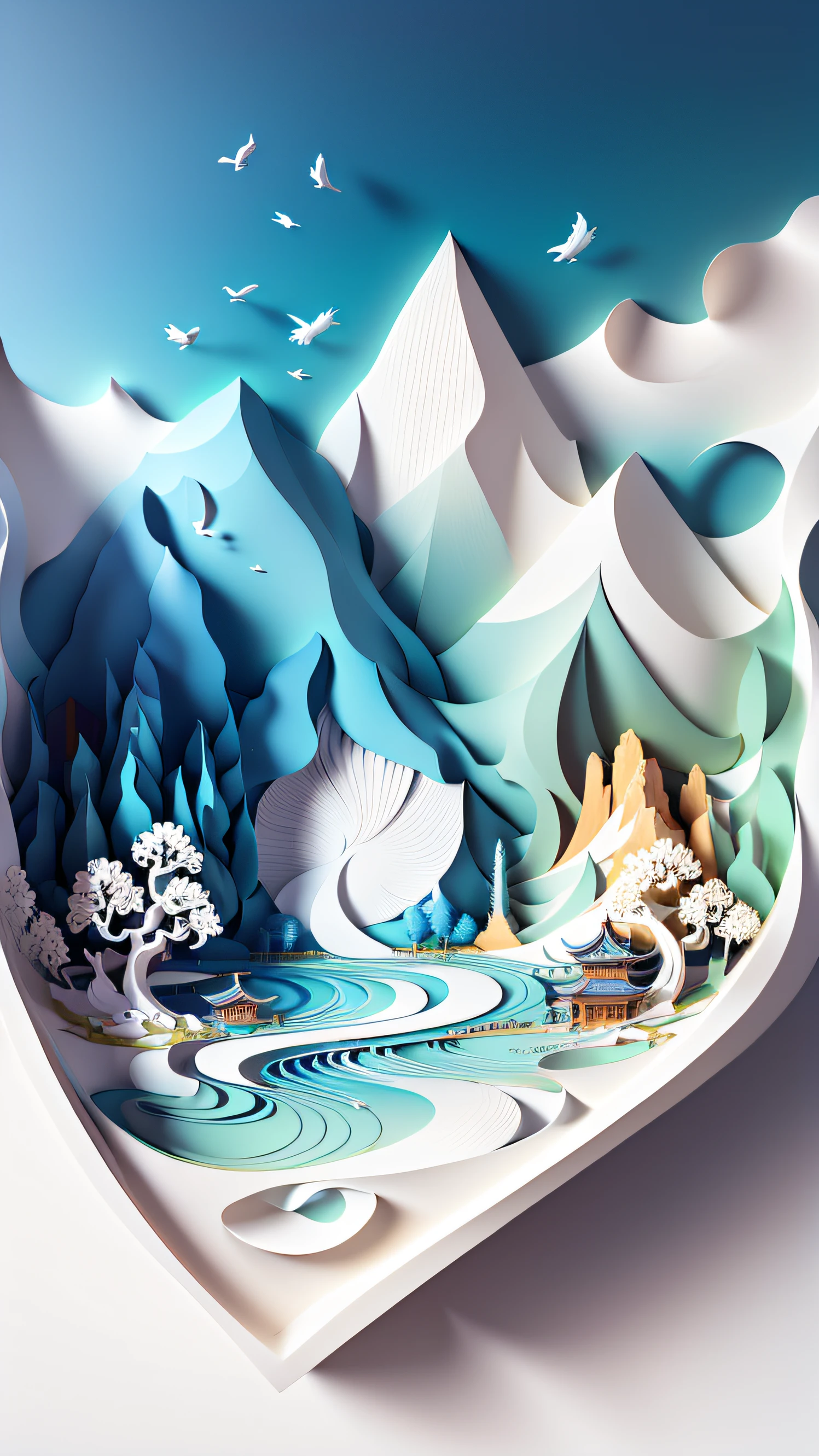 Traditional Chinese landscape painting, paper creation, 3D stereoscopic rendering, color gradient from white to light blue, 4K resolution, simple and natural composition, :white background, fresh and vulgar style. (:nature:)