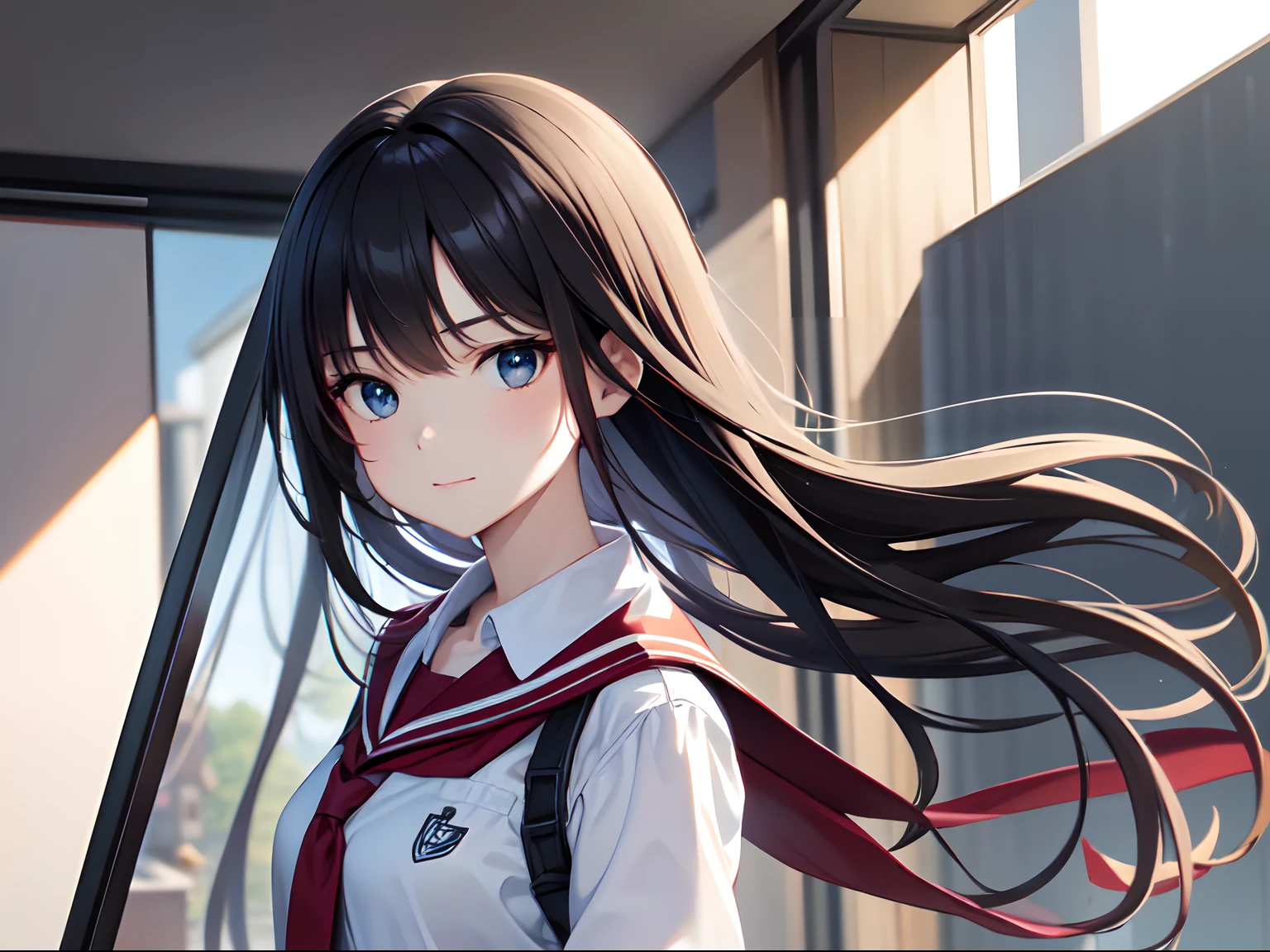 a junior high school student, female, beautiful and cute, solo character, (black single sidelock hair), bright eyes, gradient eyes, school unifrom, breeze blow,(anime style), (cinematic lighting), (ray tracing), ((reflection light)), ((half-body-shot)), atmospheric perspective, masterpiece, accurate, ((best quality)), high quality, super detail, high details, anatomically correct, highRes, 1080p,