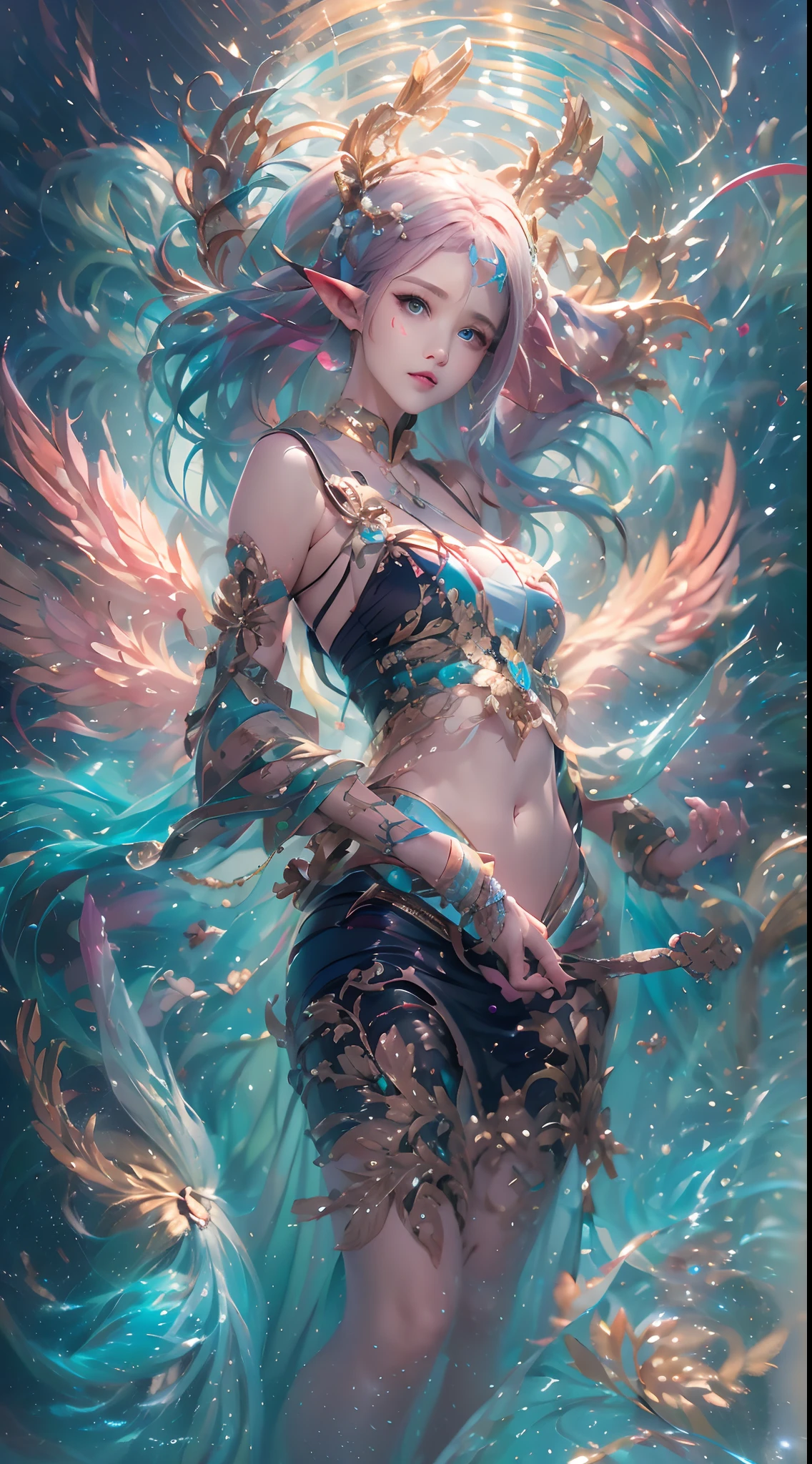 ( Absurd, High quality, Ultra-detailed, Masterpiece, concept-art, smooth, high detail artwork, Hyper-realistic painting , high resolution, paint splatter, colored splashing, Splash of Ink, colored splashing), (( Rainbow hair)),elf, Plum elf, plum , Transparent fairy wings, wearing only his underwear,huge tit,low chest,fairytale-like, Romantic, Vivid, Whole body,hand behind back,Malu,largeeyes,(Eye focus),Cosmic eyes,Full body photo,Space eyes,In nature with waterfalls,pureerosface_v1,ulzzang-6500-v1.1,