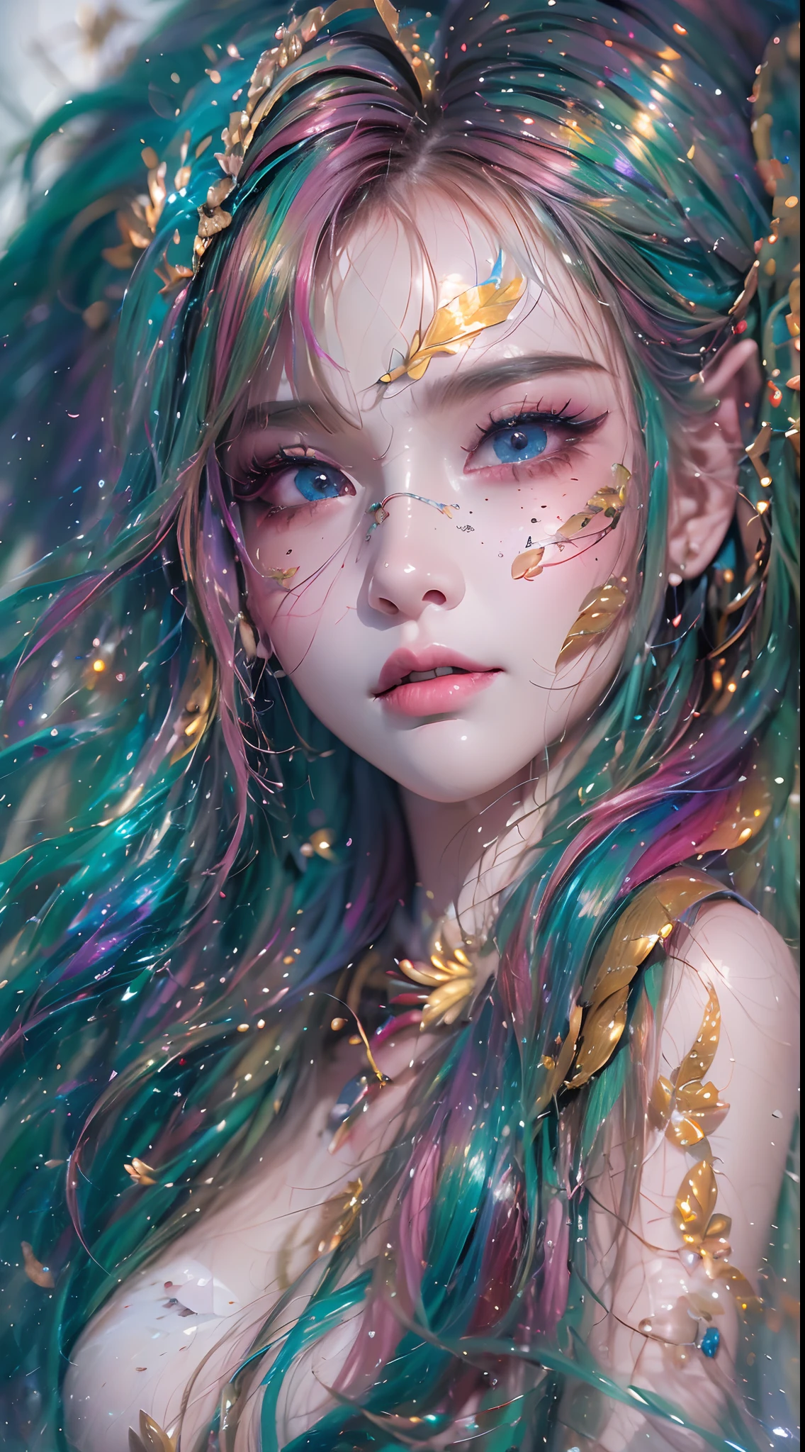 ( Absurd, High quality, Ultra-detailed, Masterpiece, concept-art, smooth, high detail artwork, Hyper-realistic painting , high resolution, paint splatter, colored splashing, Splash of Ink, colored splashing), (( Rainbow hair)),elf, Plum elf, plum , Transparent fairy wings, wearing only his underwear，huge tit，low chest，fairytale-like, Romantic, Vivid, Whole body,hand behind back，Malu，largeeyes，（Eye focus），Cosmic eyes，Full body photo，Space eyes，In nature with waterfalls，pureerosface_v1，ulzzang-6500-v1.1，