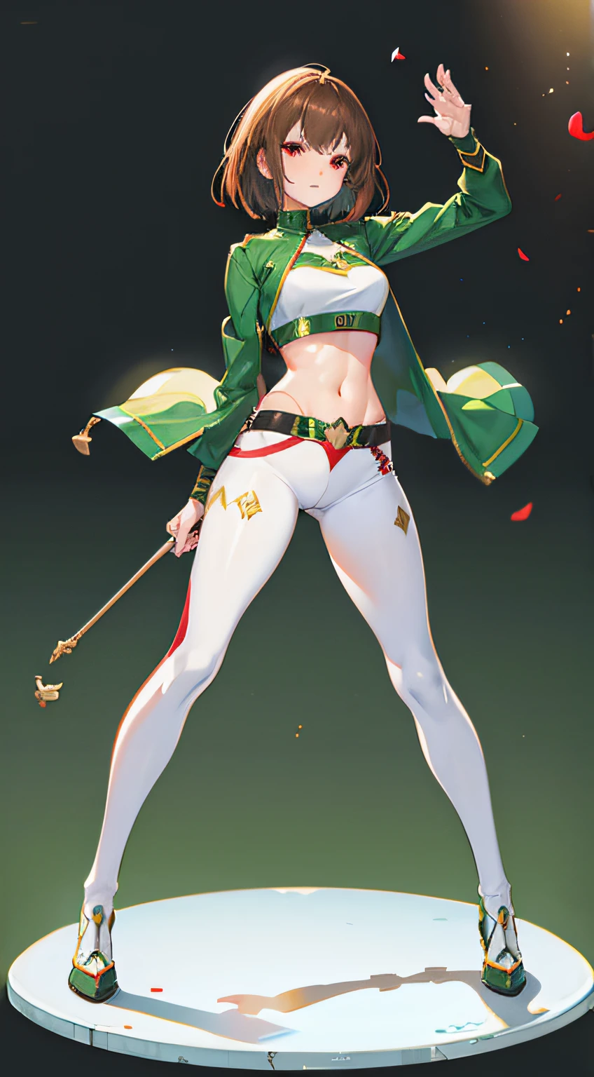 Under the legend,Chara,girl,sexy for,Crop tops,hot pant,stocklings,Full body standing painting,tempting pose,with short brown hair,Be red in the face,Mannequin,Lust,Hand repair,the detail,X-rated,Sex clothes,green color,k hd