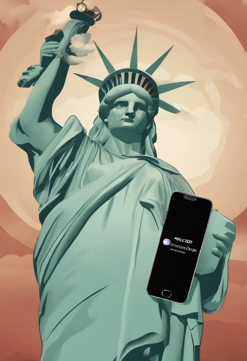Image of a statue of liberty holding a phone with a message, online, tutorial, 🚿🗝📝, Ad image, São Paulo, 🦩🪐🐞👩🏻🦳, hahaha!', 💣 💥, seu madruga, advertisement, Directed by: Ignacio Zuloaga, 💣 💥💣 💥