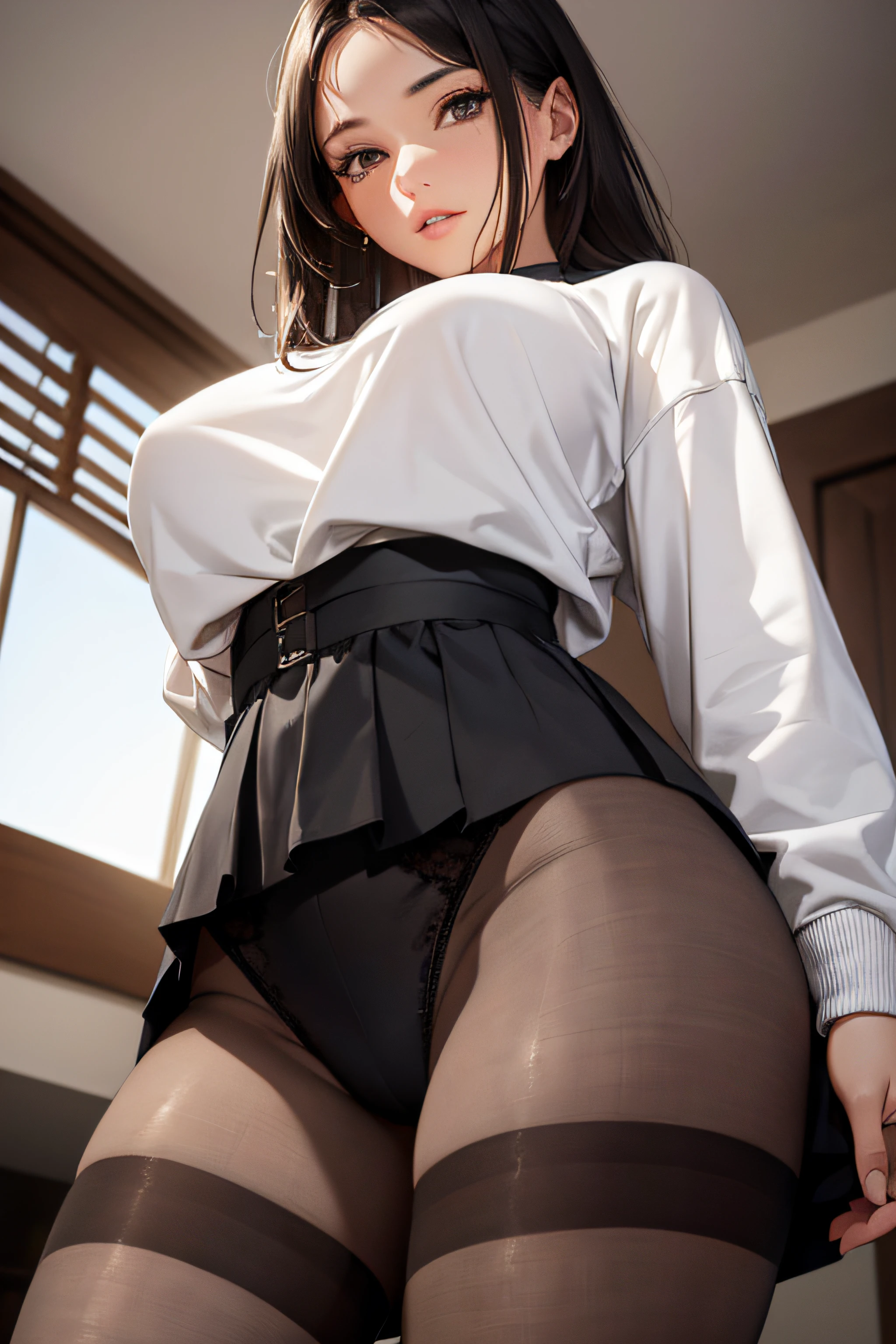 a girl wearing a sweatshirt, she can wear a skirt or shorts, a view from below, long stockings or pantyhose, you can see her underwear, medium breasts, ((very detailed)), (perfectly detailed face), (very detailed hand), photorealistic image.