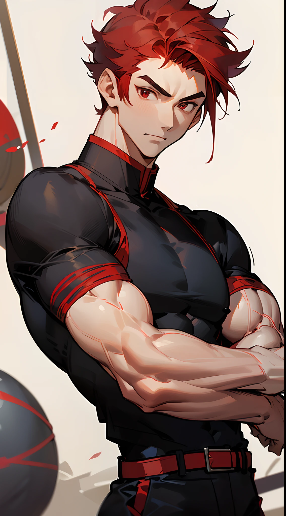 Handsome man , ((red hair)) , ((short cut hair style:1)) , tall , ((muscular:1.7)) , lean body type , light skin , Red eyes , ((crew cut hair style:1 )) , age 32

((Wearing black shirt )), traditional Asian men’s short mixed with modern fashion , red trim  , white and red belt , black pants ,