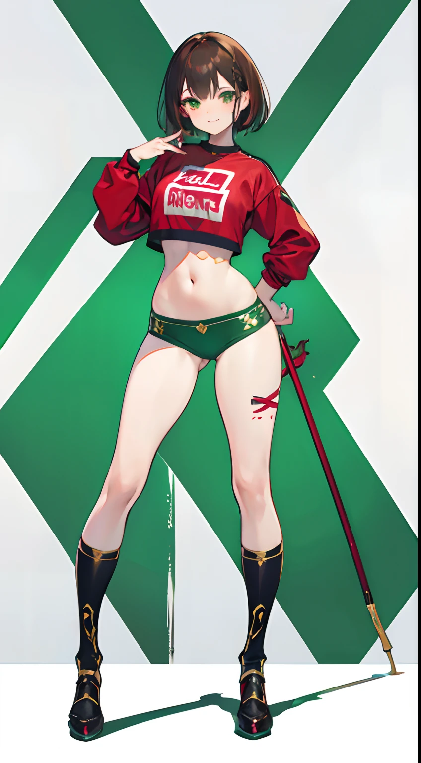 Under the legend,Chara,teens girl,sexy for,Crop tops,hot pant,stocklings,Full body standing painting,tempting pose,with short brown hair,Be red in the face,Underwear model,Lust,Hand repair,the detail,X-rated,Sex clothes,green color,k hd,No underwear,Smile