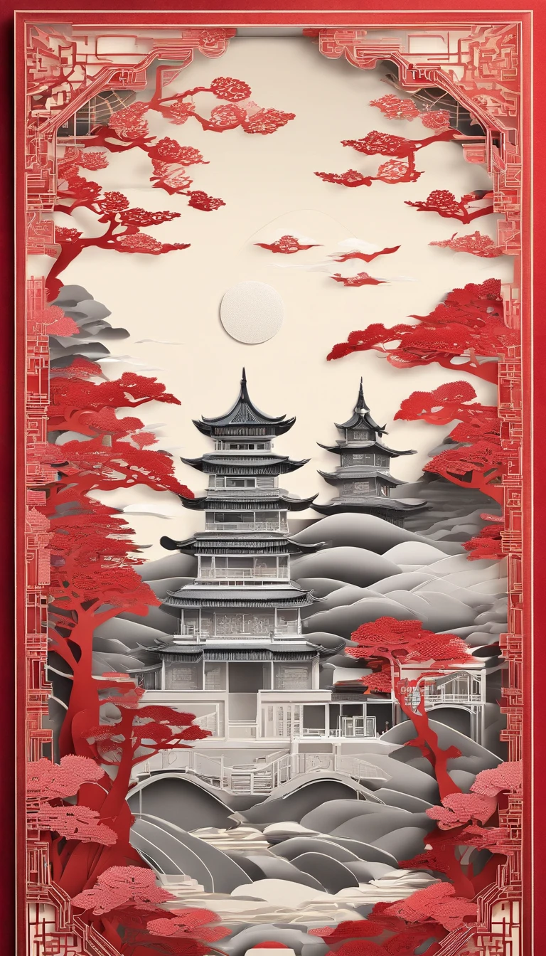 Masterpiece, Traditional Chinese style houses,beautiful render of a fairytale, In the style of paper art, painting of beautiful, beautiful as the moon, A very complex masterpiece, A beautiful and intricate masterpiece of red, multi-layer, mysterious, Castle