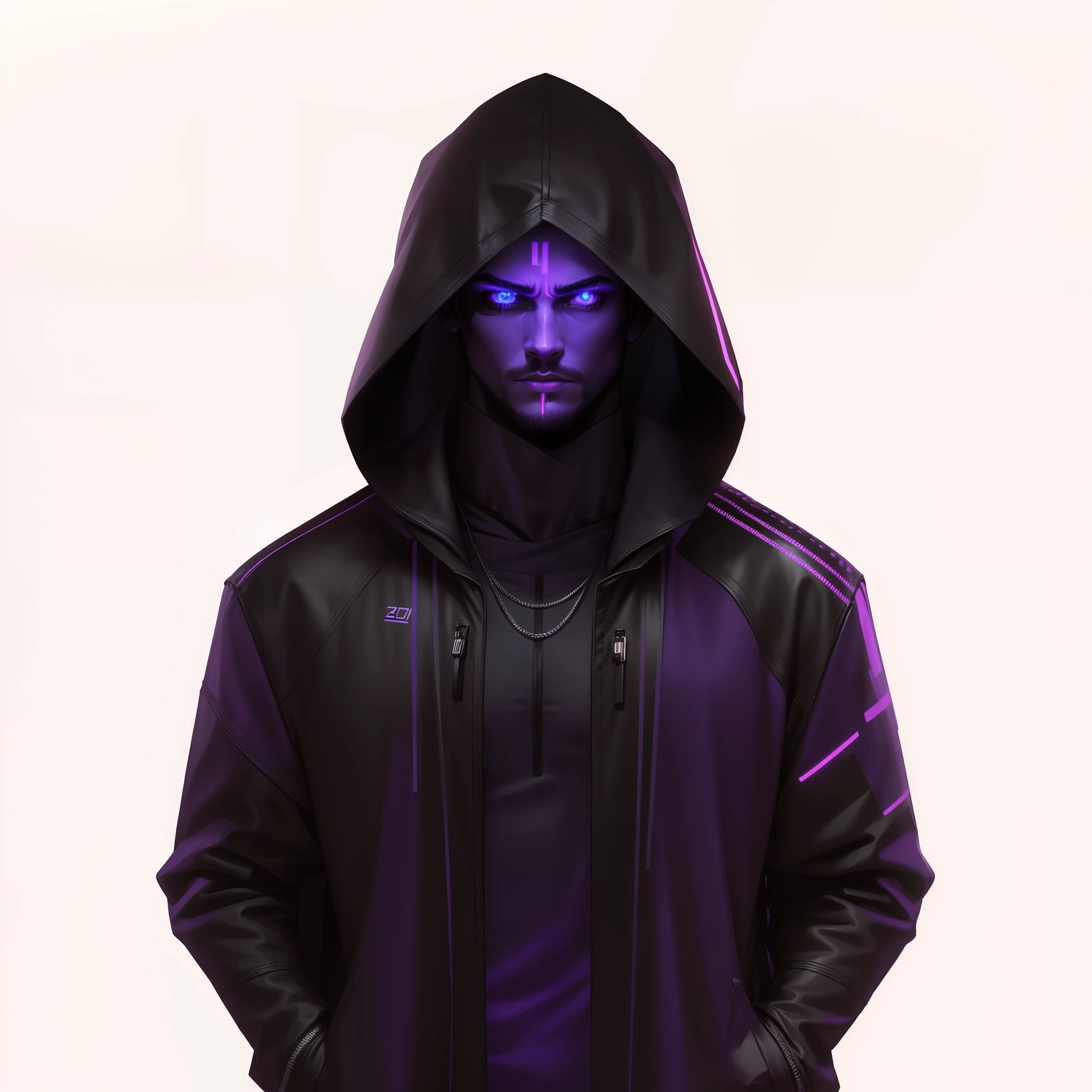personagem masculino, encapuzado, estilo cyberpunk, e olhos neon, Preto com neon roxo.