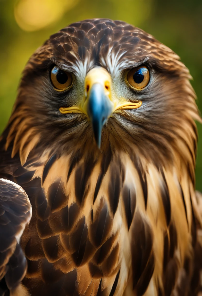 A hawk with blue eyes, 8k, em uma floresta com fundo desfocado, Oil paint highlight eagle's look of determination