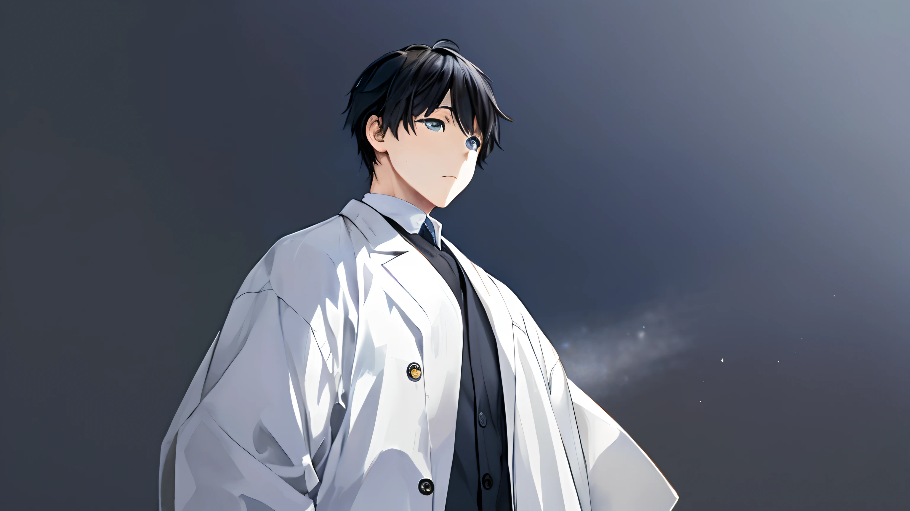 hashimoto_akihito, masterpiece, 1boy, solo, pov, black hair, blue eyes, short hair, a little bit overweight, standing, sad, looking away, childish face, face focus, limbo, white pharmacist coat, space background