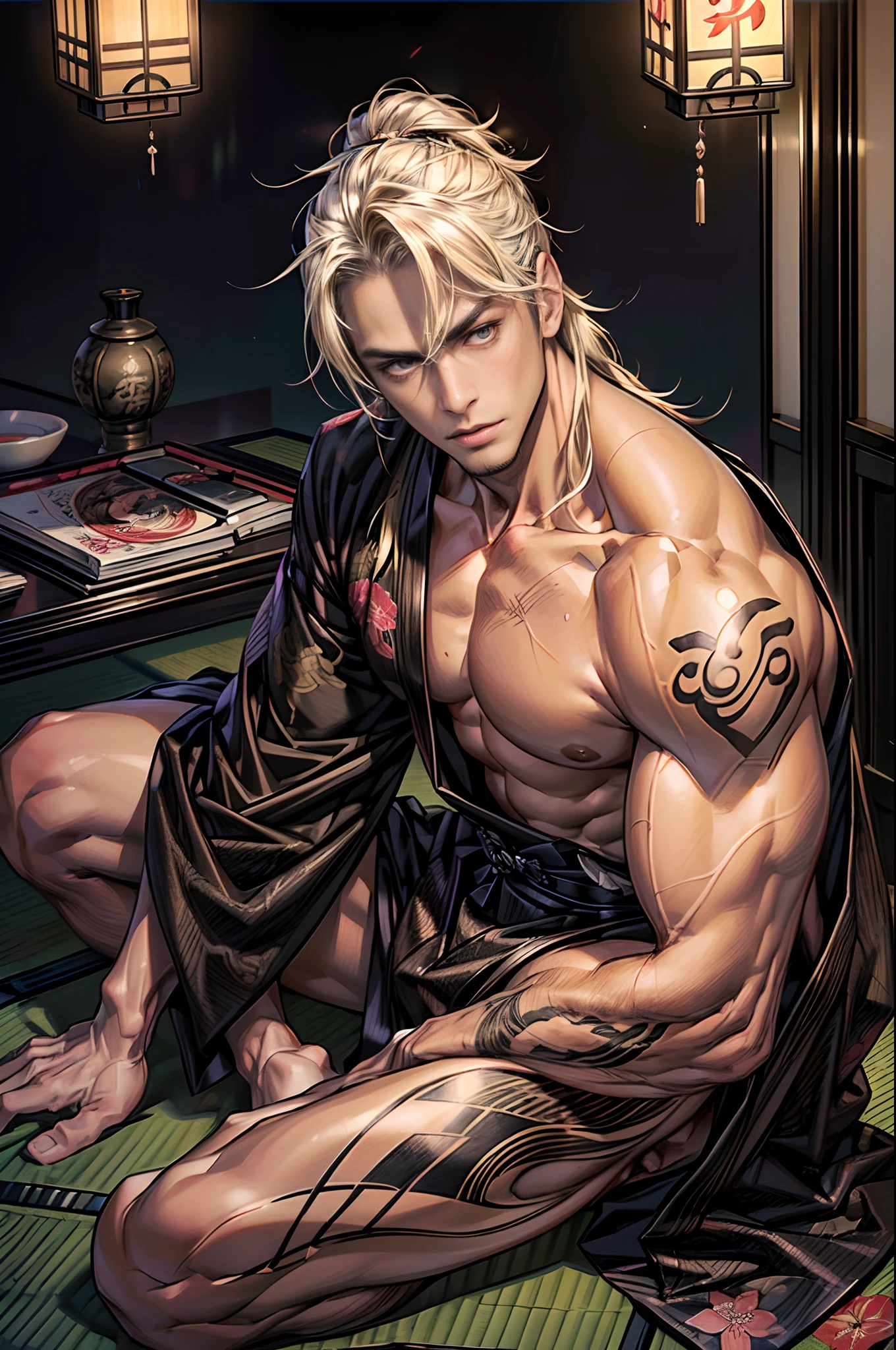 Handsome and strong Japan yakuza  naked 25-year-old man lying in a Japanese-style room late at night，Wear a black kimono，long blonde hair，Tanned skin，Healthy complexion，(Brown skin)，elongated body shape，His body is covered with traditional tattoos of Japan，(Next to it is a Japanese-style short knife),It was dark, lantern，tatami floor，(((Ultra-low angle shooting)))，((((high detal)))), (Full Shot), (Photorealsitic,Photorealistic,Photorealsitic:2), (perfect bodies), (Perfect face)，(dregs:1.5), (Perfect Eye), dangerous, bad ass, epicd, ((((with detailed face,Correct body structure,Correct body proportions))))