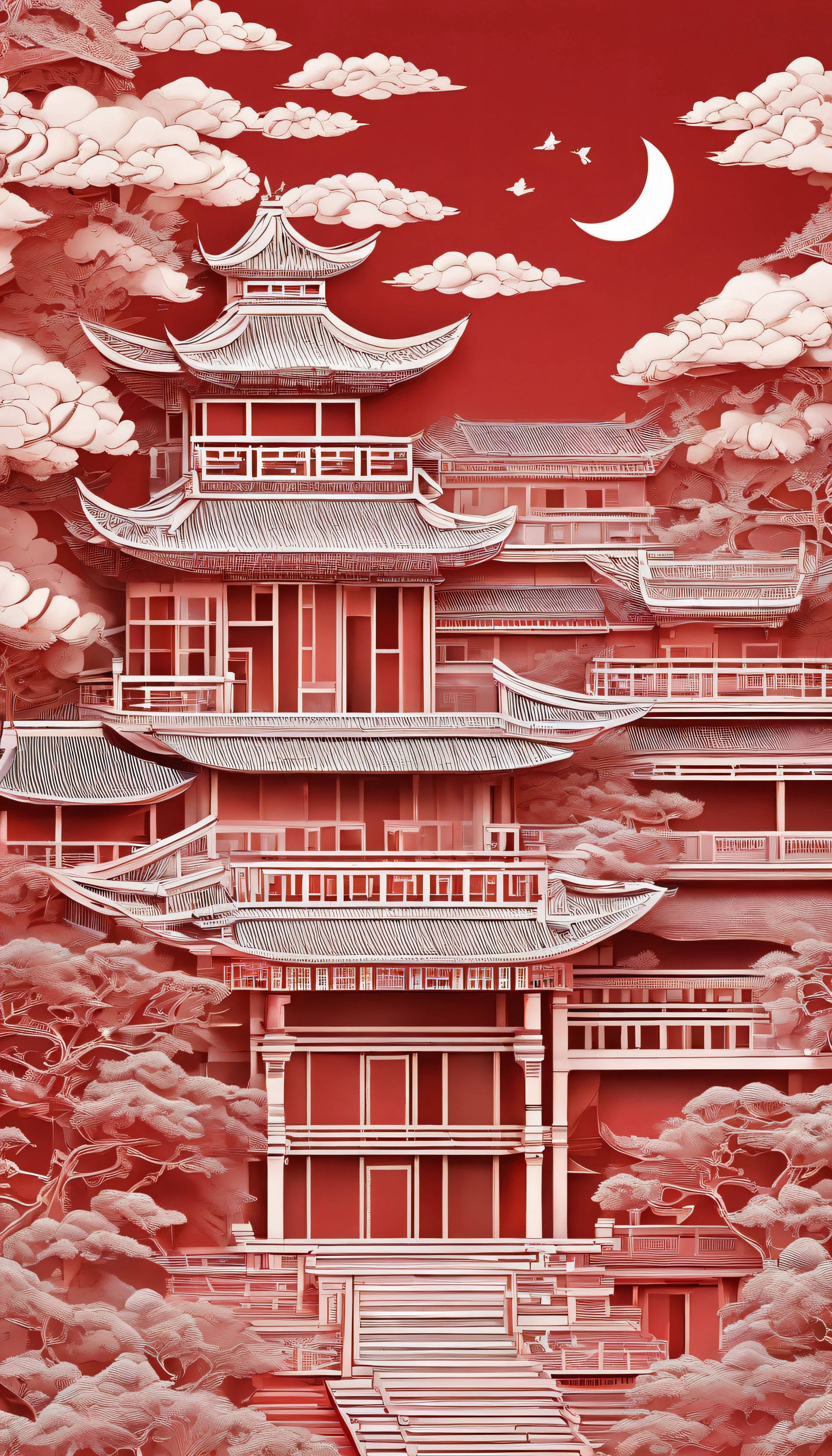Masterpiece, Traditional Chinese style houses,beautiful render of a fairytale, In the style of paper art, painting of beautiful, beautiful as the moon, A very complex masterpiece, A beautiful and intricate masterpiece of red, multi-layer, mysterious, Castle