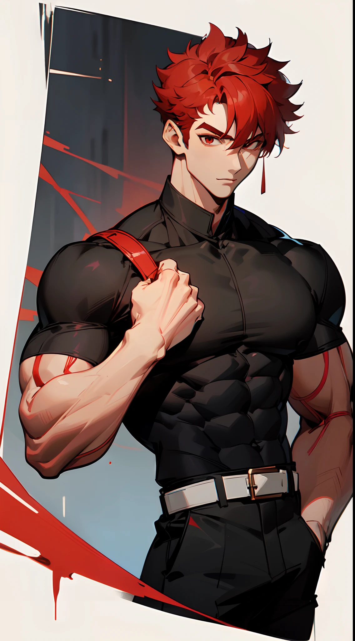 Handsome man , ((red hair)) , ((short cut hair style:1)) , tall , ((muscular:1.7)) , lean body type , light skin , Red eyes , ((crew cut hair style:1 )) , age 32

((Wearing black shirt )), traditional Asian men’s short mixed with modern fashion , red trim  , white and red belt , black pants ,