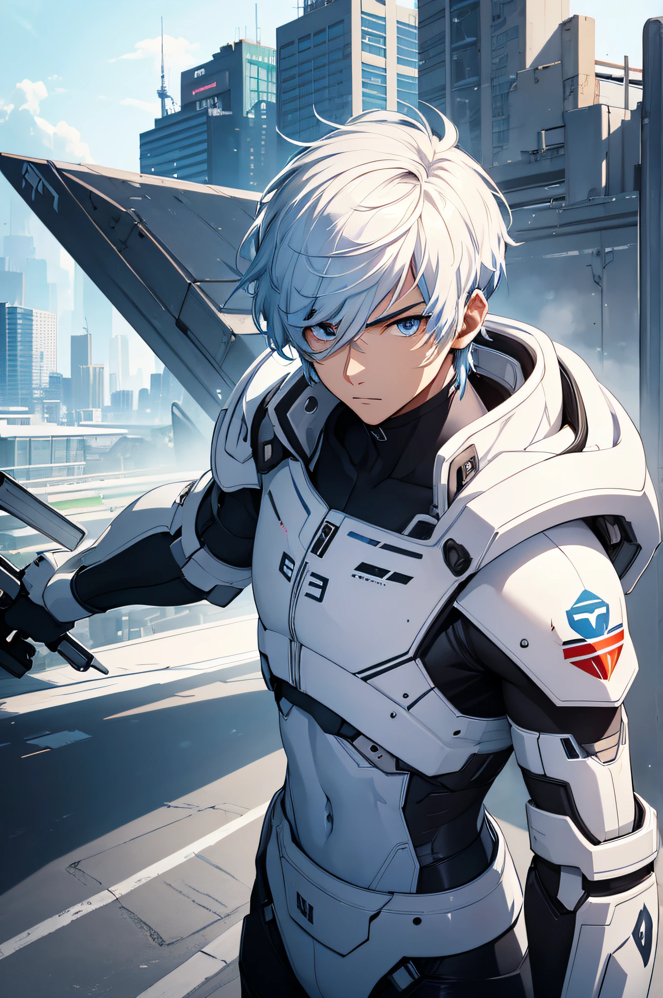 best qualityer,tmasterpiece,Ultimate resolution,top quality, detailed eyes, downy,Extremely colorful,Colorful,men combatants,a young handsome male,white short hair, combat suit, anime art, Steel City background,blue-sky,Normal posture,Normal posture