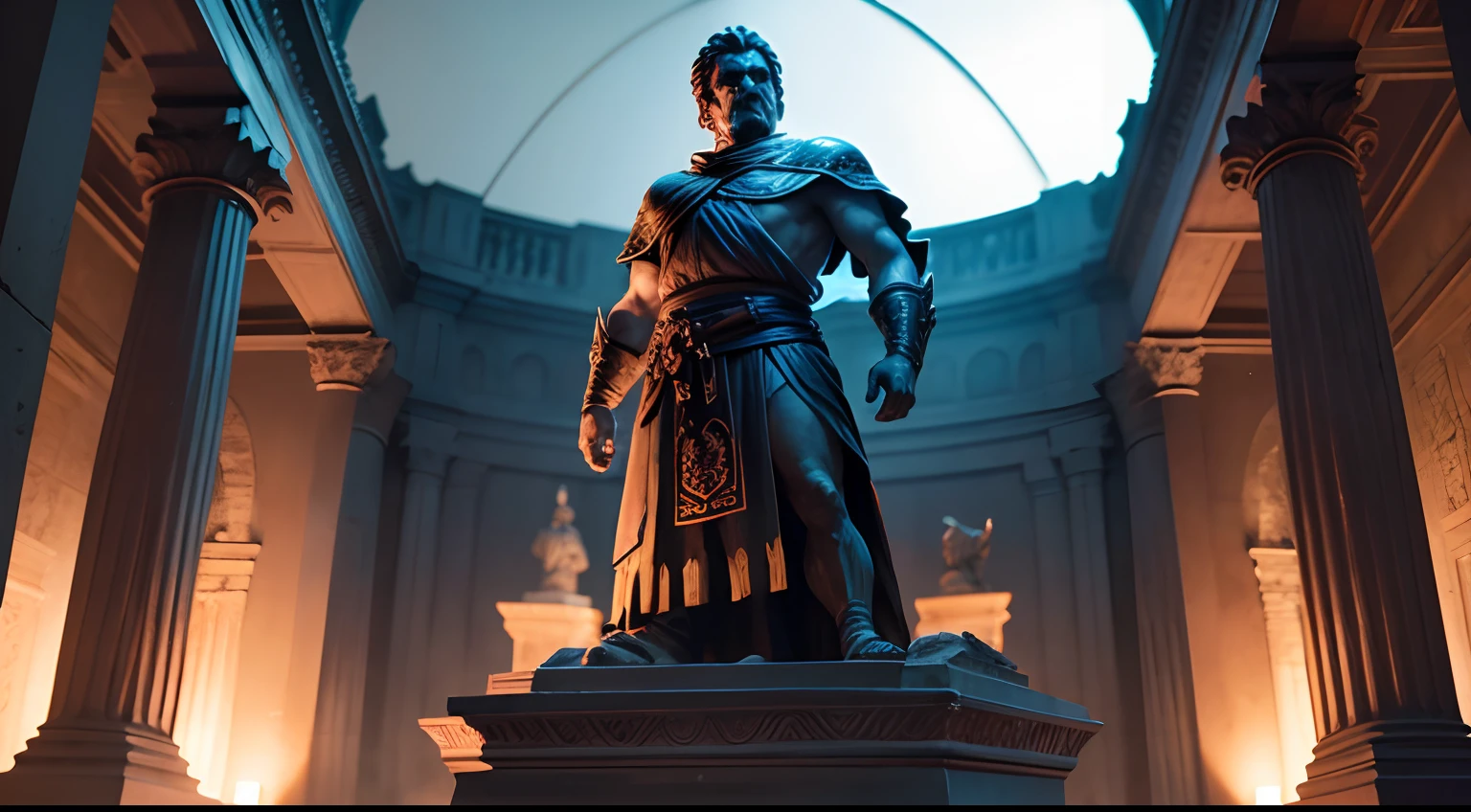 Epic image of a highly accelerated technological world with people addicted to social media and cell phone use with the presence of a stoic statue watching everything closely.