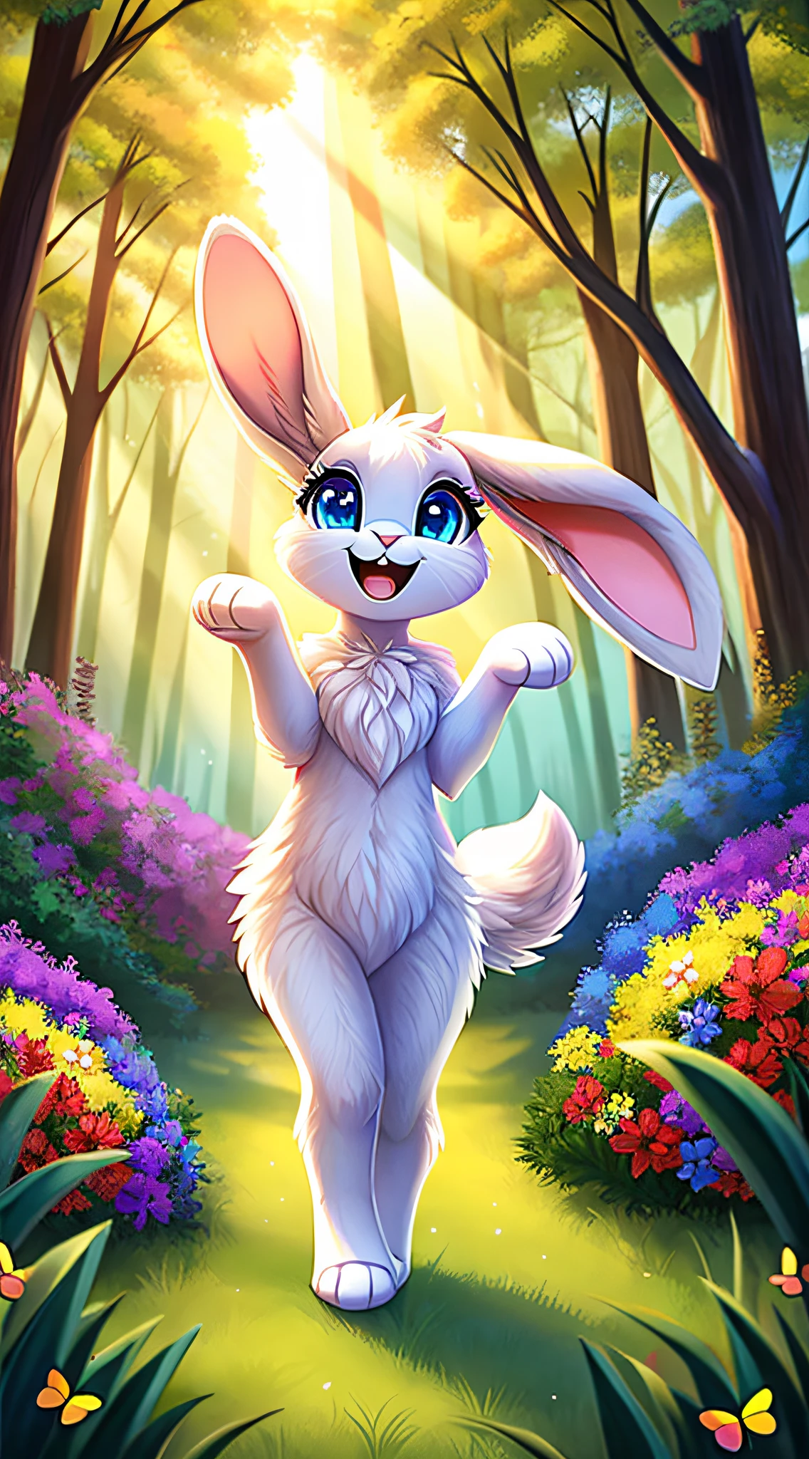 zoomed out image, fantasy style art, cute, adorable, little fluffy female white bunny with blue eyes, white fur, 2 extra ears, 4 ears, big floppy ears, long ears, ears perked up, raised ears, long eyelashes, poofy rabbit tail, smiling, standing on two hind feet, standing in a dense forest with many tall trees, big expressive smile, open mouth, wide eyes, excited eyes, excited face, stunning visuals, sunlight coming through the trees, colorful flowers scattered in the bushes, colorful butterflies flying around, digital illustration