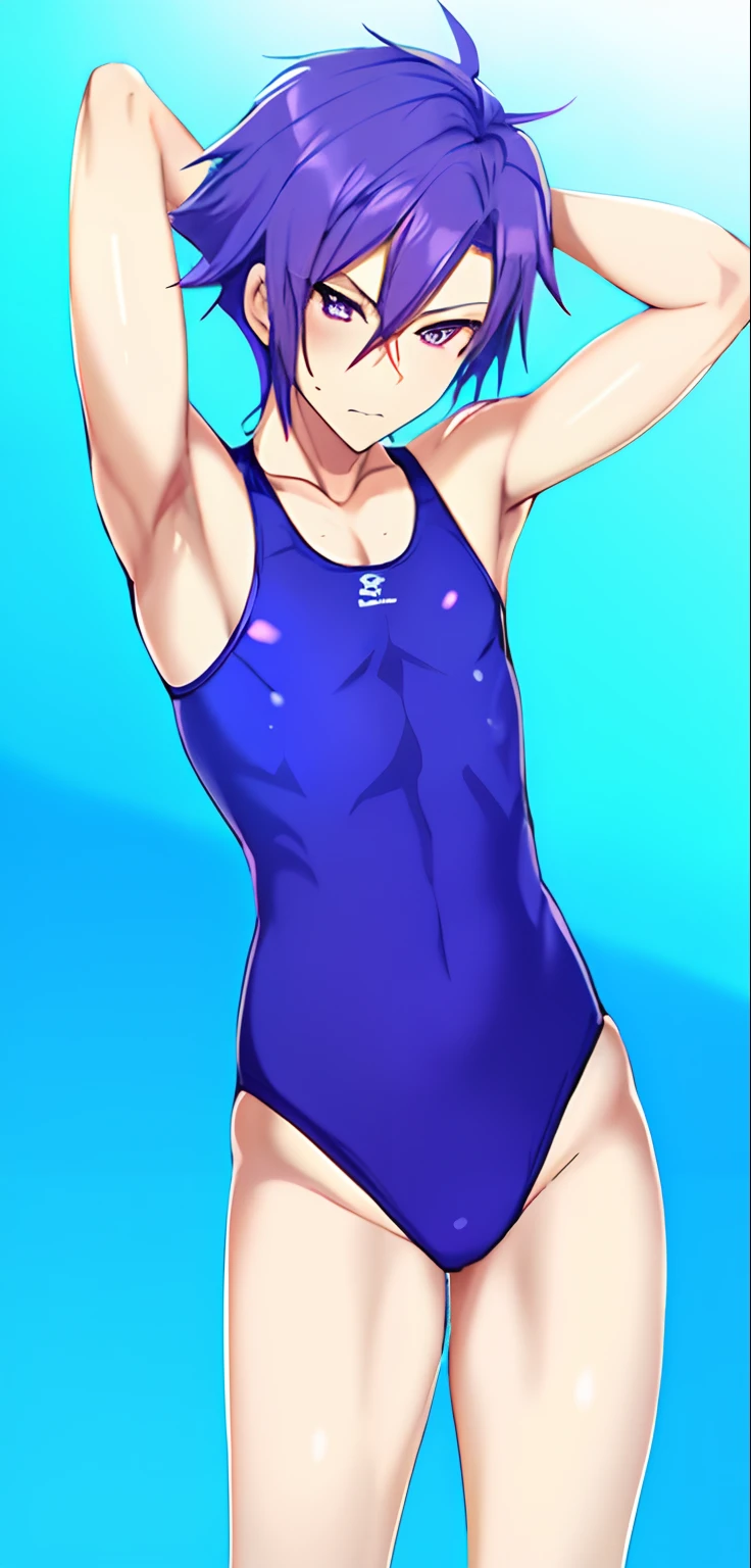 Cool boy with short purple hair, Anime boy in blue swimsuit poses for photo, Boy with Purple Eyes, School swim wear, garments:High-cut swimwear, onepiece swimsuit, He has purple hair, Ecchi anime style, Seductive Anime Boy, In anime style, Cool anime boy in blue tanksuit, (Anime Boy), His hair is in a ponytail at the back, Bare shoulders, bare legs,