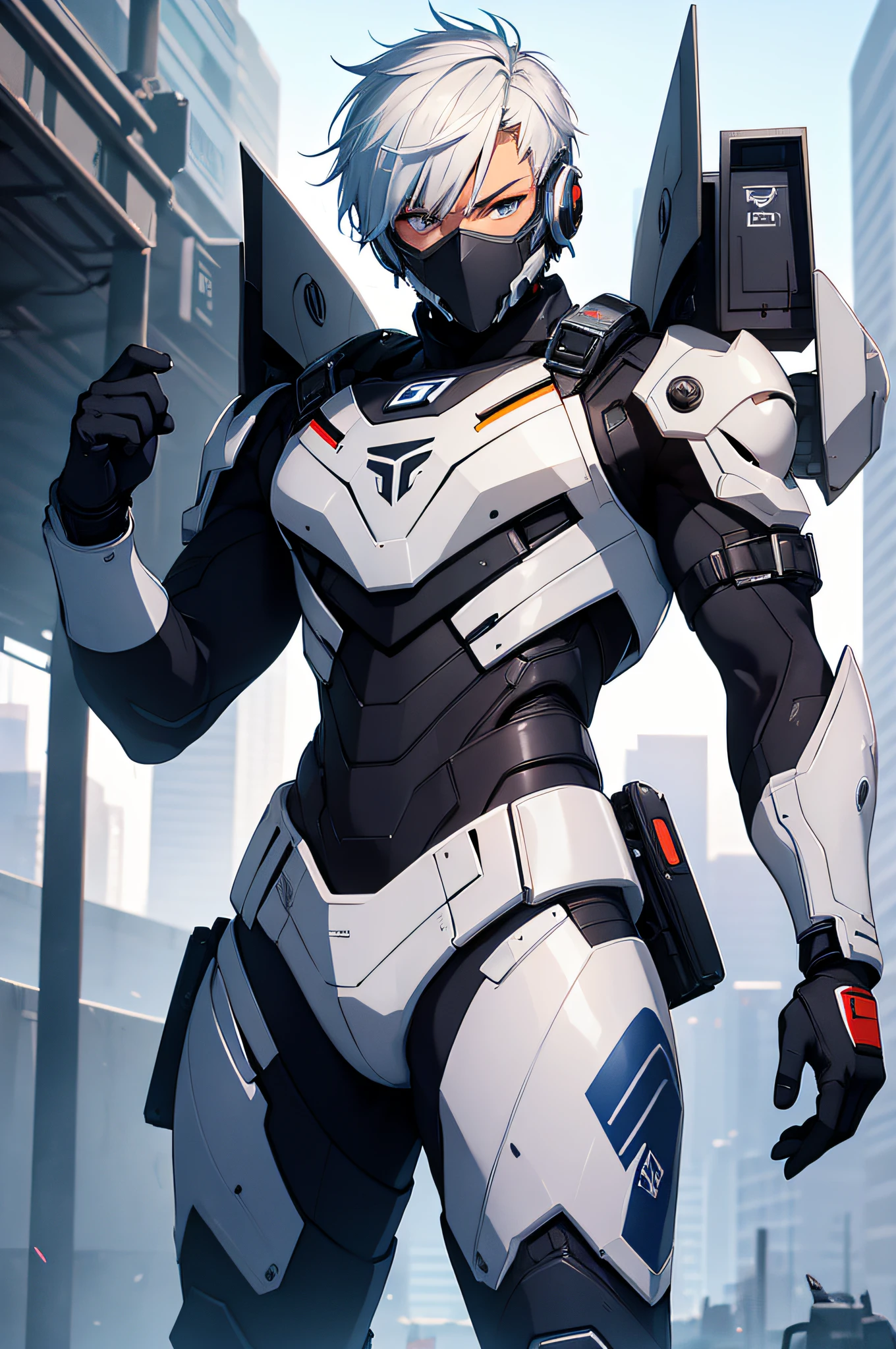 best qualityer,tmasterpiece,Ultimate resolution,top quality, detailed eyes, downy,Extremely colorful,Colorful,men combatants,a young handsome male,white short hair, combat suit, anime art, Steel City background,blue-sky,Normal posture,Normal posture