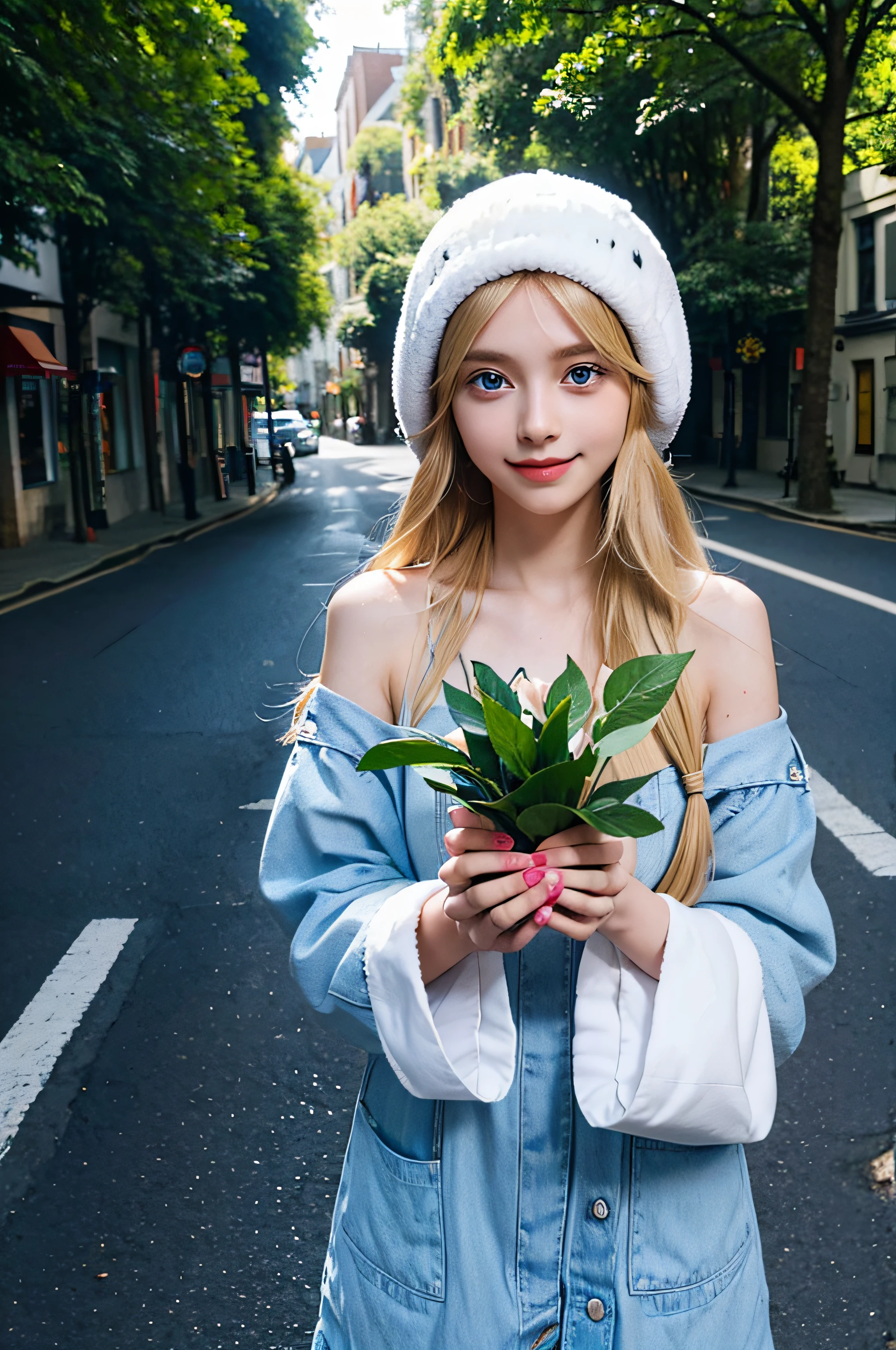 girl dressed in a monkey hat holding a gift in her hands, on the street, white skin, blue eyes, long blonde hair, beautiful smile, big eyes, greenery in the surroundings