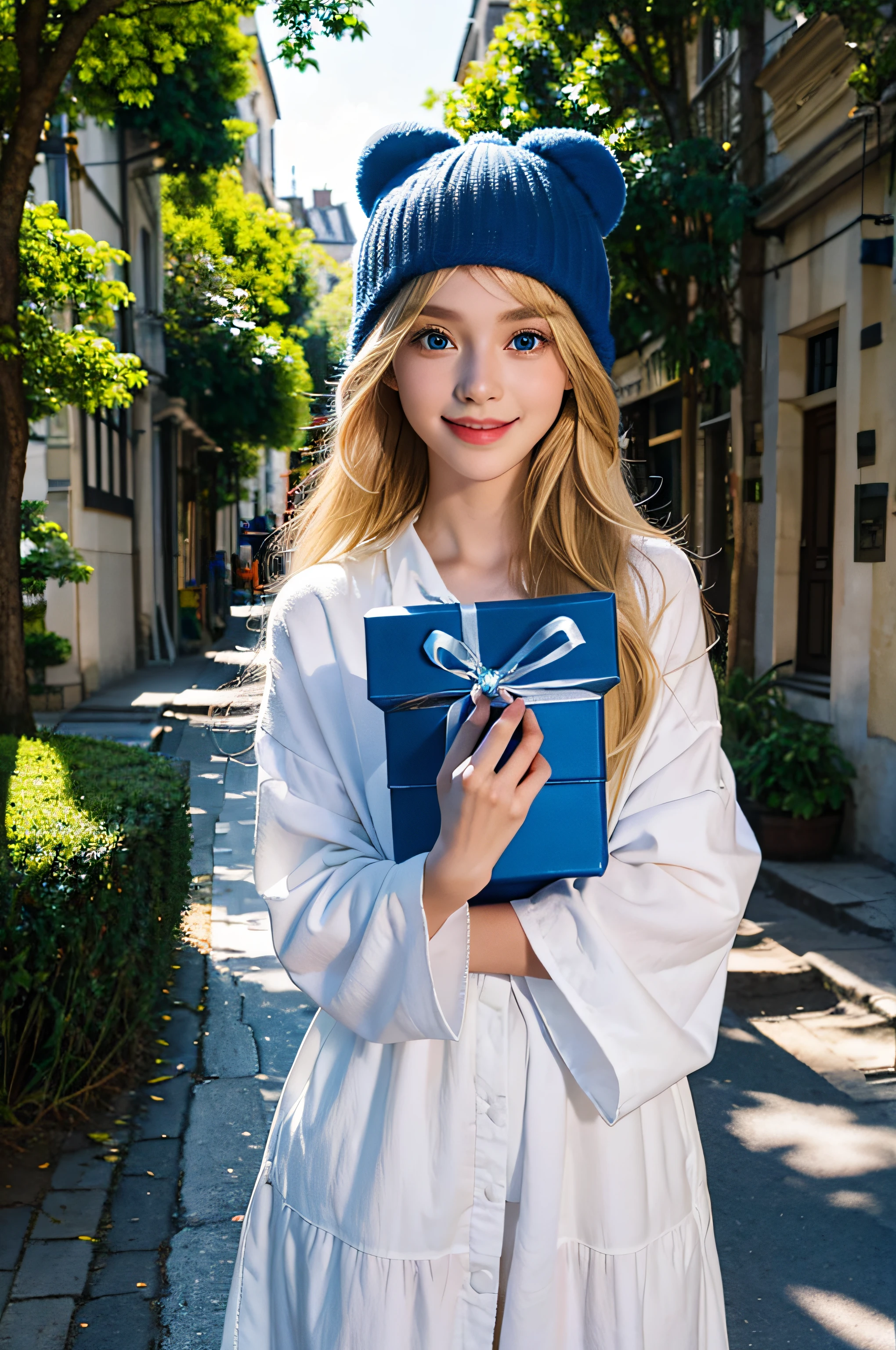 girl dressed in a monkey hat holding a gift in her hands, on the street, white skin, blue eyes, long blonde hair, beautiful smile, big eyes, greenery in the surroundings