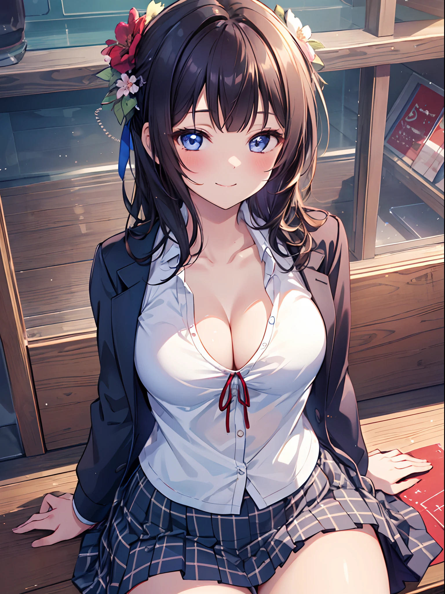 1girl in, (Chiquita:1.2), Asaka flower pear, Dark hair,
(Close Shot, Best Quality, hight resolution, 4K, Detailed Lighting, Shaders, NSFW), 
School Uniforms, 
cleavage, skirt,  
Smiling,