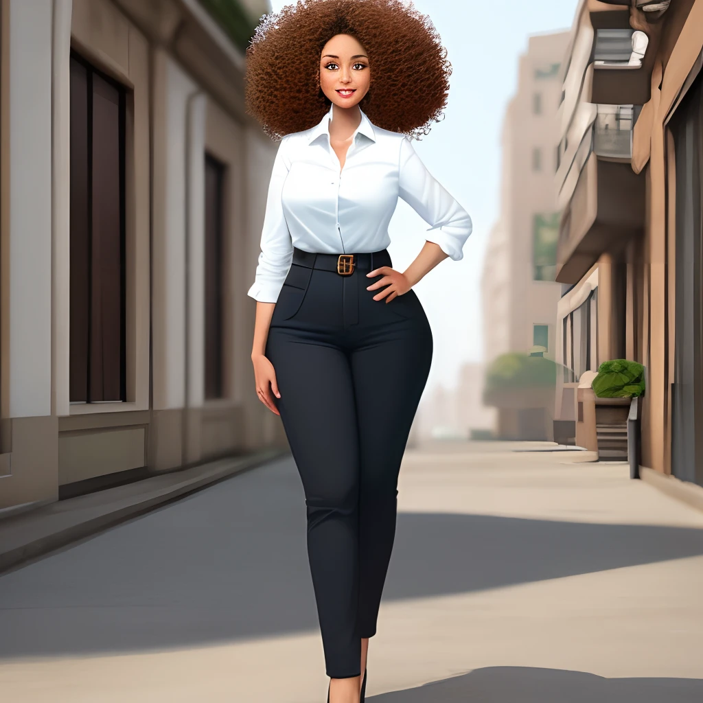 "A 36-year-old woman, standing at 1.65 meters and weighing 80 kilograms, showcasing an enchanting and curvaceous figure. Her curly hair, with a rich dark brown hue, gracefully flows down to the middle of her back. Her brown skin adds a warm and inviting tone to her appearance. With size 46 breasts, Sâmia boasts a slender waist that accentuates her femininity, while her ample hips emphasize her beautiful derrière. Her smile is radiant, and her brown eyes have a penetrating gaze that captivates everyone around her."
Wearing skin pants and white blouse that enhances the breasts is in an Urban environment