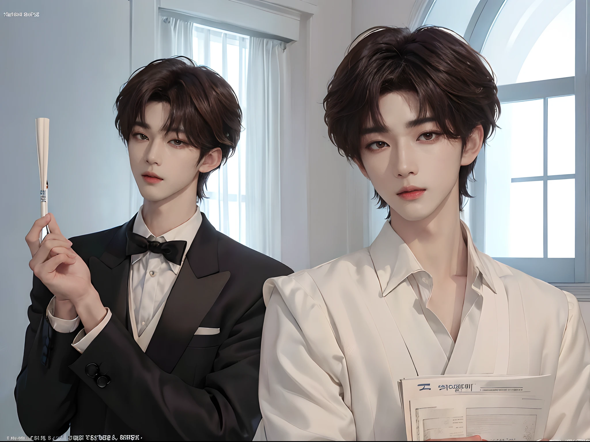 ((4K works))、masterpiece、(top-quality)、((high-level image quality))、((One Manly Boy))、Slim body、((Man in black tuxedo))、(Detailed beautiful eyes)、window、deacon、Face similar to Chaewon in Ruseraphim、((short hair above the ears))、((Smaller face))、((Neutral face))、((Light brown eyes))、((Korean boy))、((18year old))、((Handsome man))、((A charming expression))、((Korean Makeup))、((elongated and sharp eyes))、((Focus zoom out))、((Butler Photos))、Professional Photos、((Magazine covers))、((Shot alone))、((Upper body photography))