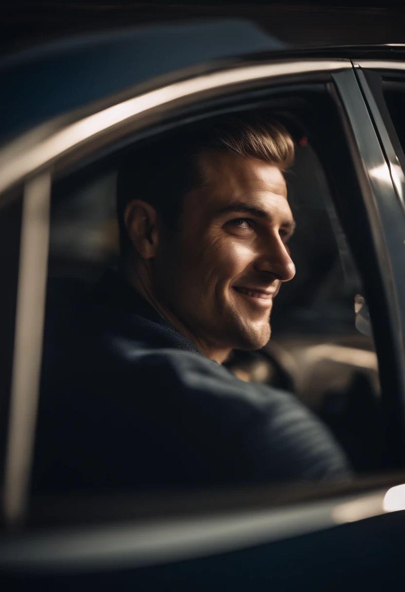 An image of a smiling driver, listening to relaxing music, while patiently waiting in traffic jam.