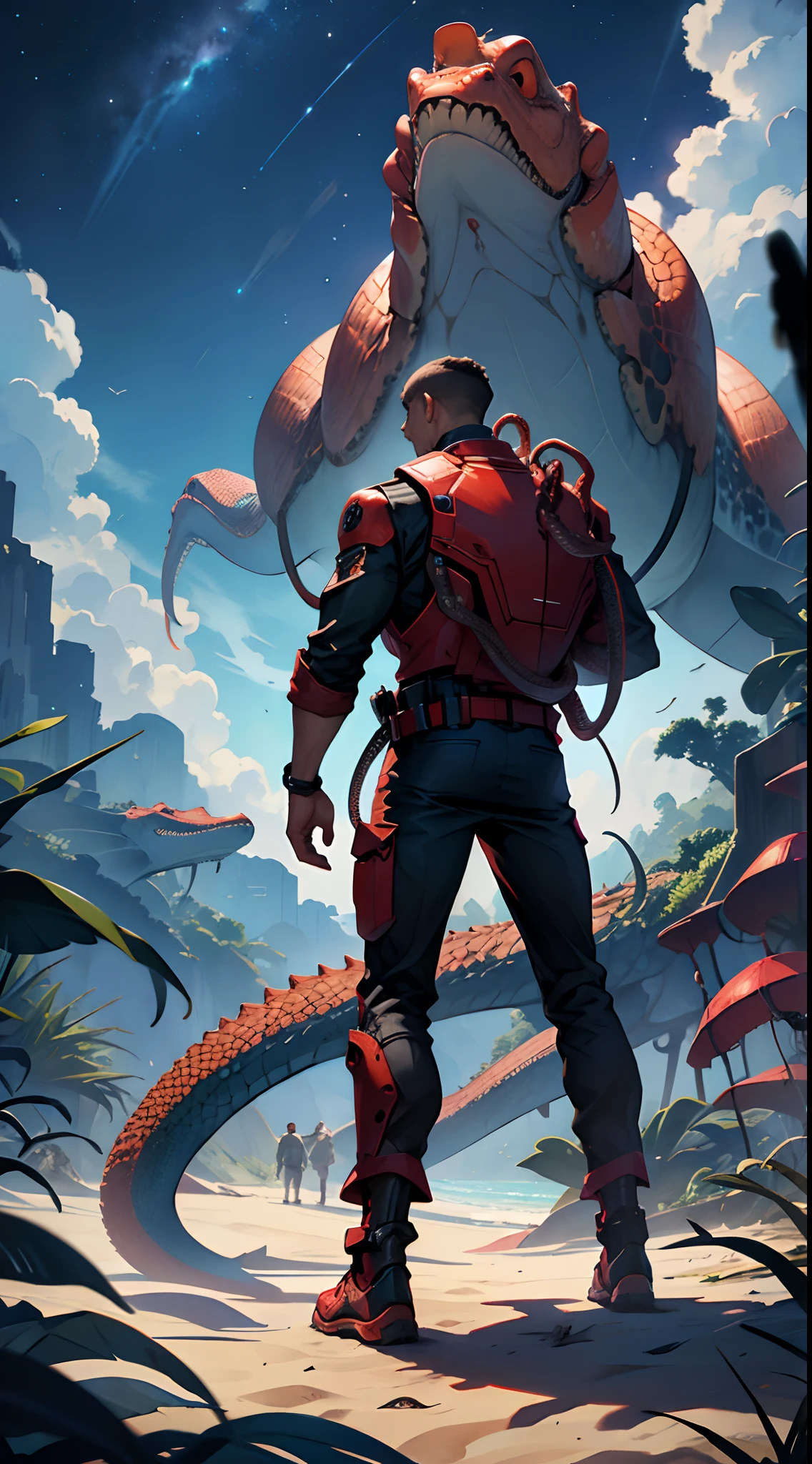 deep in the night,The back of a man,Wearing a red metal mech,standing at the beach,School of crocodiles in the sea,Snakes,And the big octopus,A large swarm of insects flies in the sky --auto