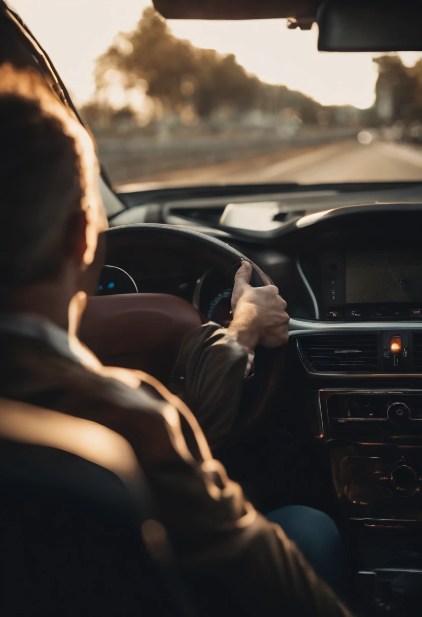 An image of a smiling driver, listening to relaxing music, while patiently waiting in traffic jam.