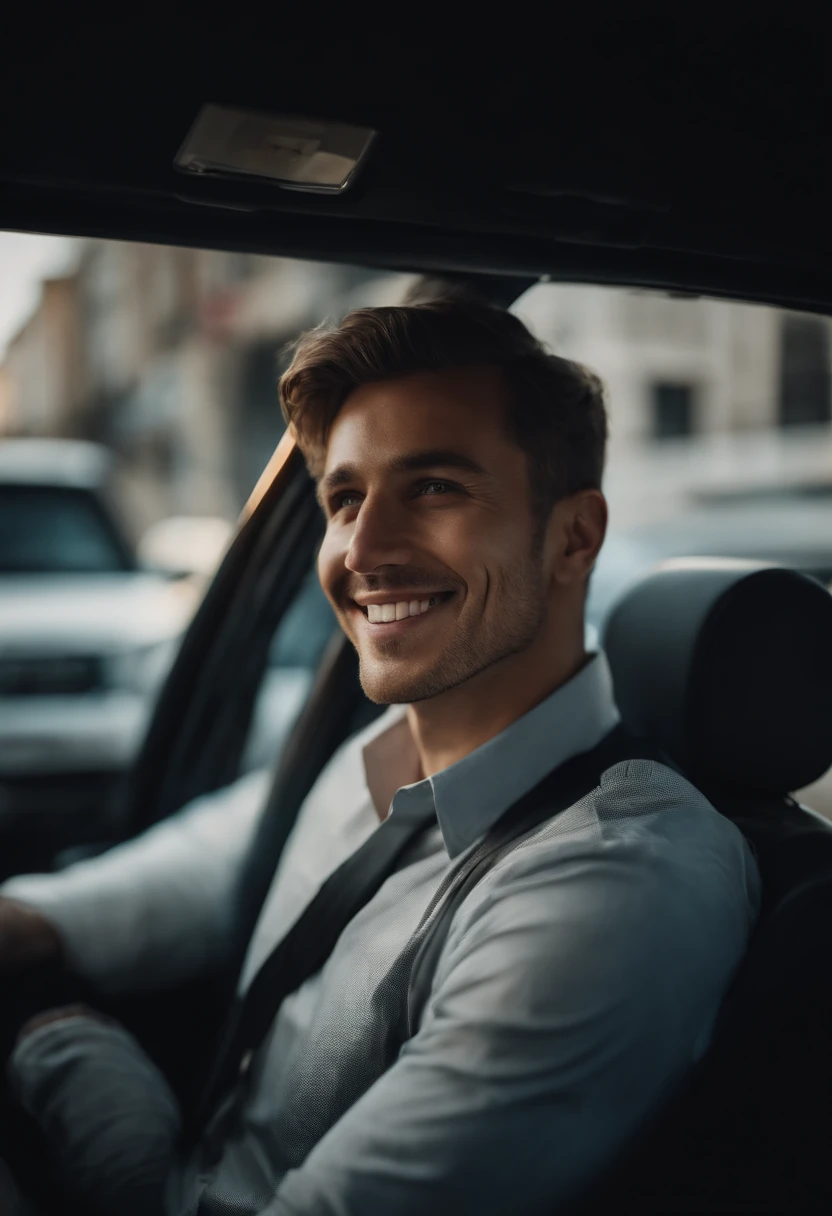 An image of a smiling driver, listening to relaxing music, while patiently waiting in traffic jam.
