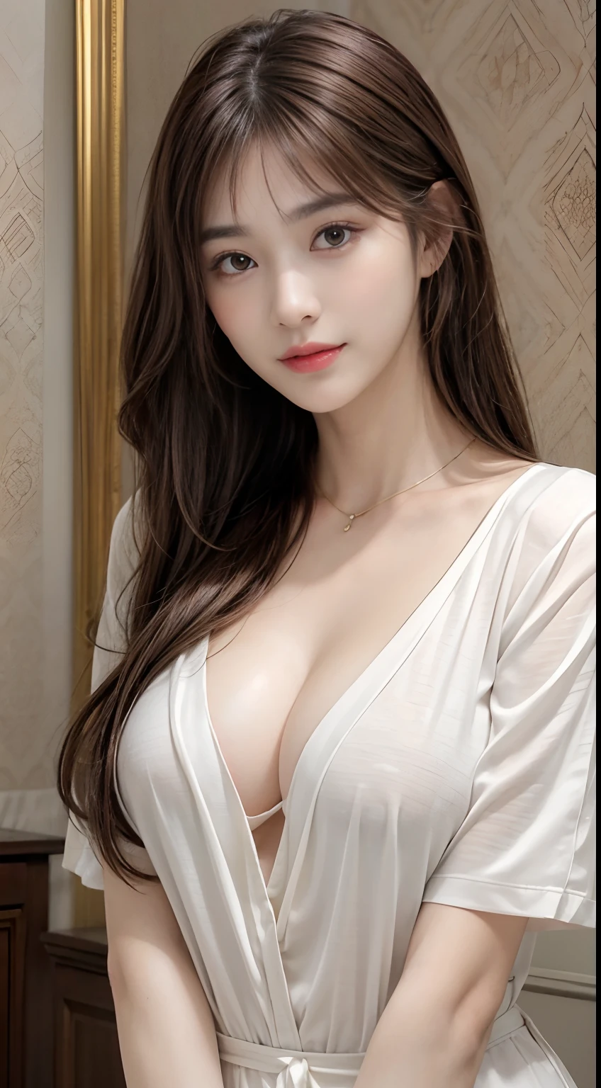 (((Brown longhair))), (Louvre Museum), Pose Seductive, (A hyper-realistic), (Illustration), (Increased resolution), (8KUHD), (Extremely detailed), (Best Illustration), (Beautiful and detailed eyes), (Best Quality), (ultra-detailliert), (masutepiece ), ( Wallpaper), (Detailed face), Solo, 1人の女性, Fine details, Detailed face, Deep Shadows, lowkey, pureerosfaceace_v1, Smiling, 46 point slanted bangs、Short sleeve shirt with collar、cleavage of the breast、Big necklace、large earring、Strive pattern collar shirt、