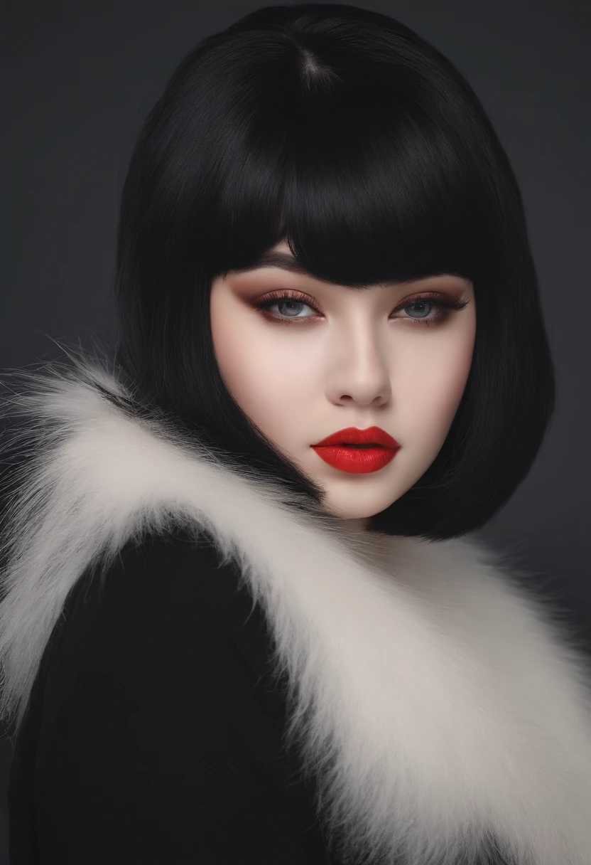 Chubby girl, white skin, 21 years old, bob haircut, black hair,