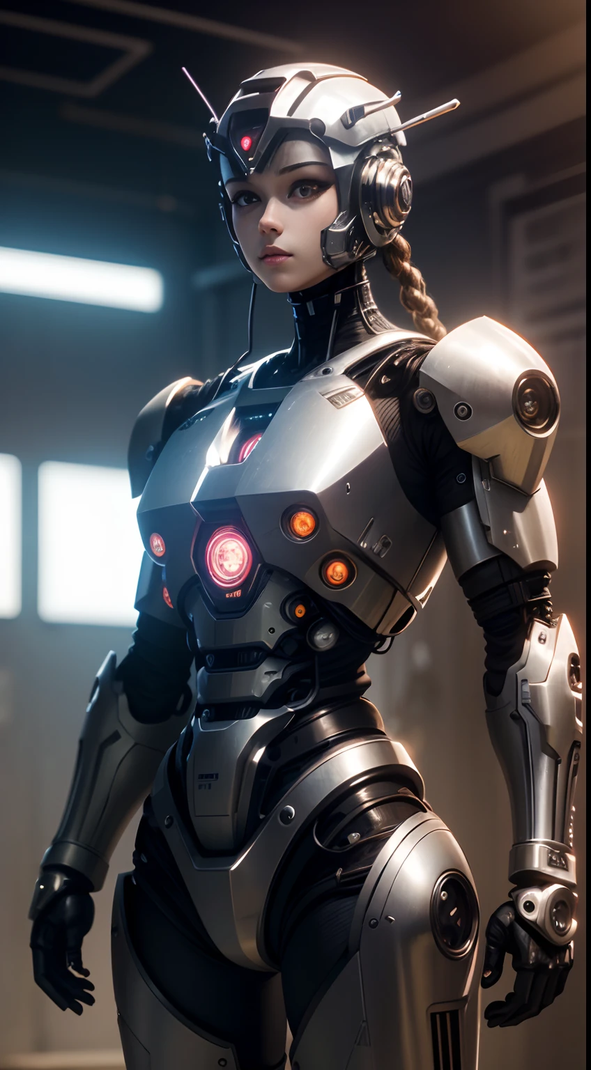 science fiction scene, chrome cyborg, Bokeh, Trillwave, soft lighting, vibrant art by Davide Sasselli